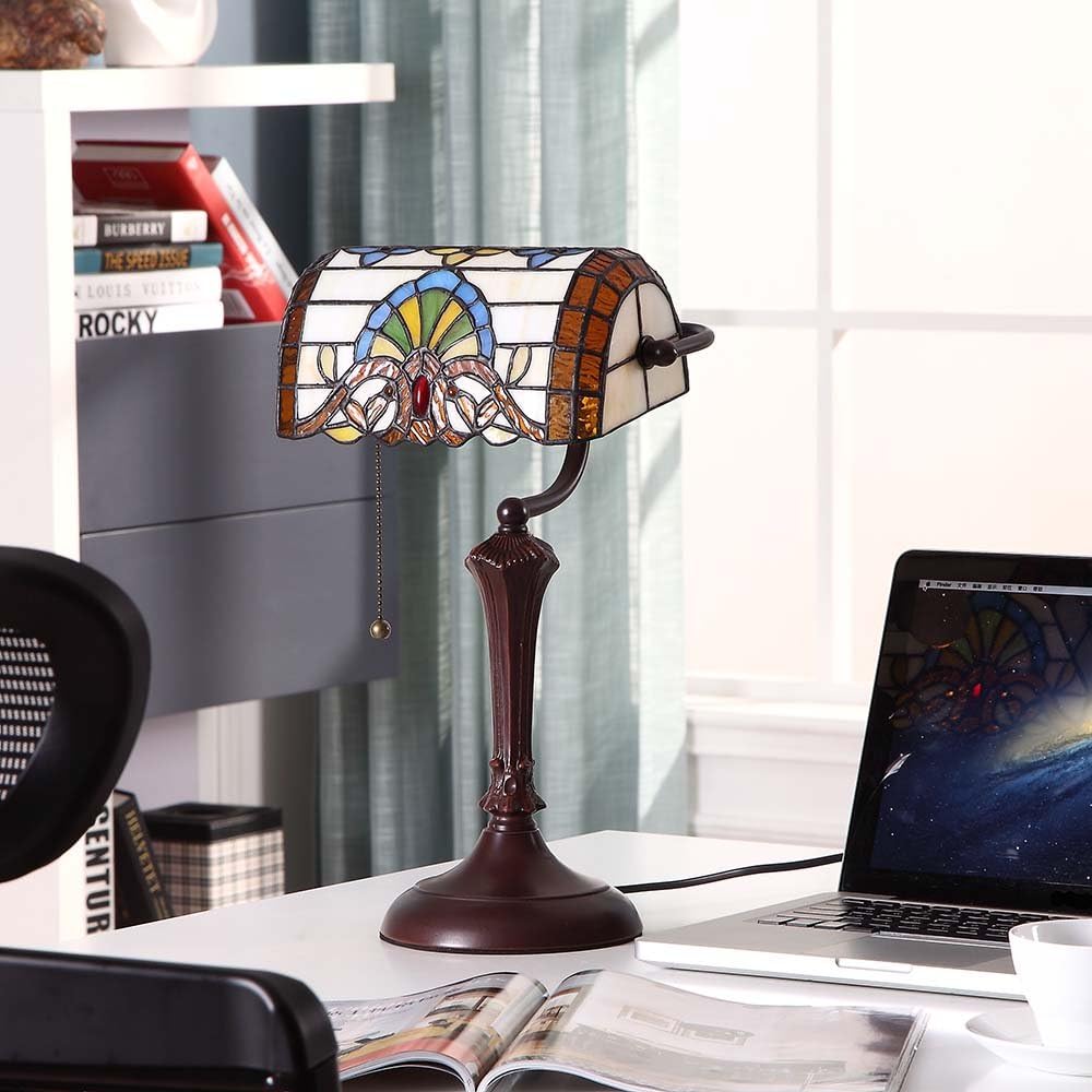 Bieye L10516 Baroque Tiffany Style Stained Glass Banker Table Lamp with 10-inch Wide Lampshade for Working Reading, Table Lamp, 17 inch Tall