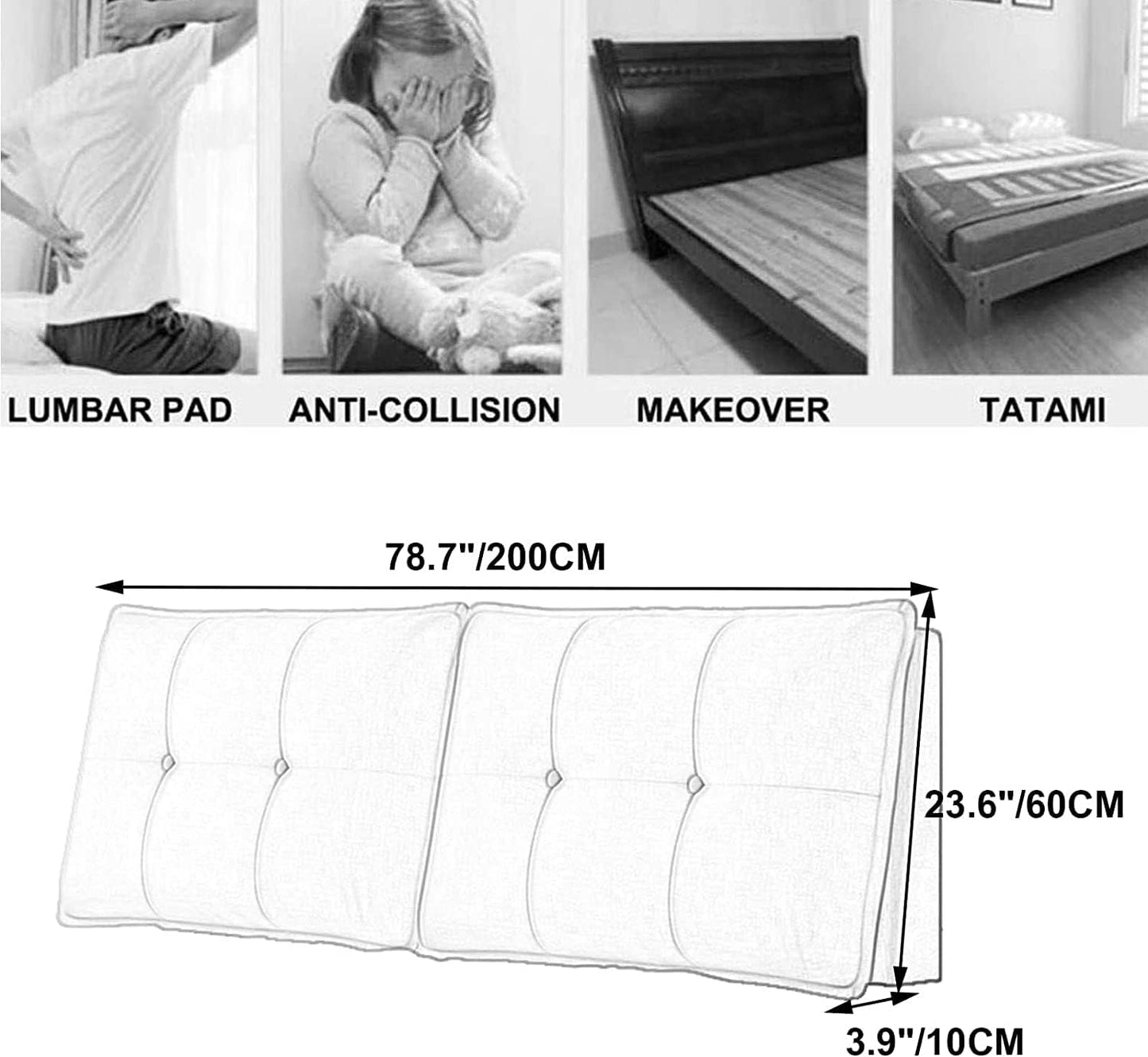 Adult Headboard Cushion Bed Backrest Pillow Wall Pillow Lumbar Pad Upholstered Bench Cushion Removable Cover(Size:No headboard 78.7"/200cm,Color:A)