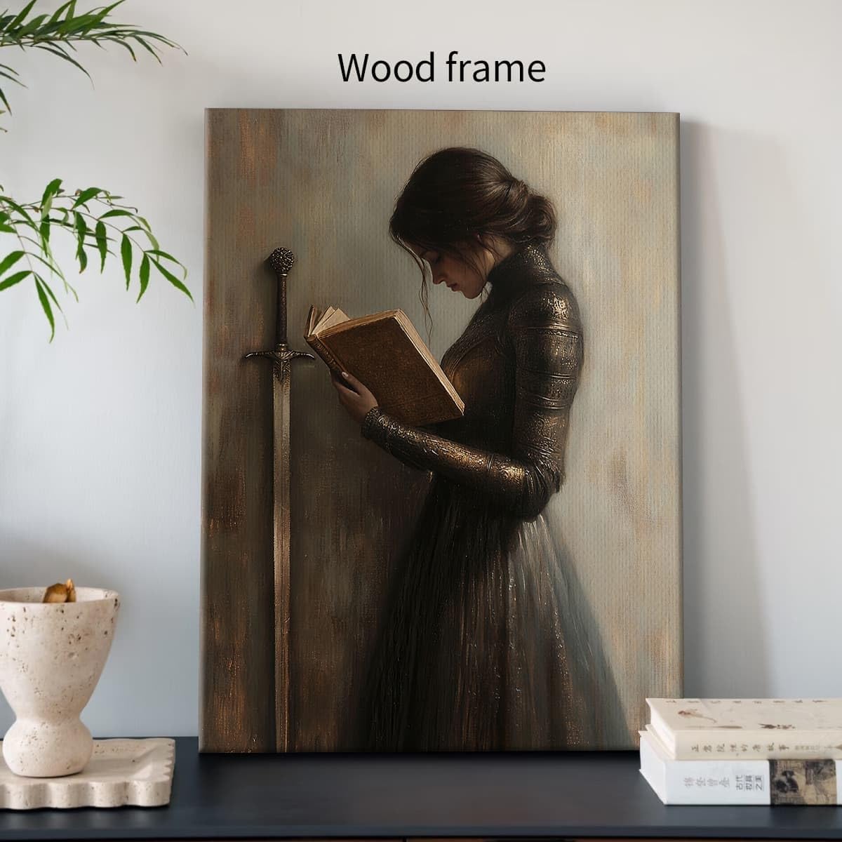 Framed Victorian Mid Woman Knight Reading Book Print Dark Academia Canvas Wall Art Vintage Gothic Library Art Poster Literary Gift 8x10inch for Book Lovers Study Room Decor Aesthetic