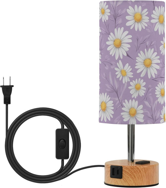 Dimmable White Daisy Flowers Lavender Leaves Table Lamp with 2 USB C Charging Ports & AC Outlet, Touch Lamps for Nightstand Bedside Small Lamp Night Stand Side Light for Bedroom/Desk, 14 in