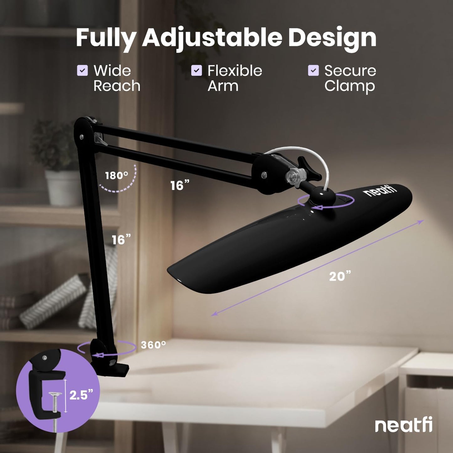 Neatfi XL 2200 Lumens 24W LED Desk Lamp with Clamp - Shadow-Free Task Lighting | 4-Level Dimming | Home Office & Crafts Use | 20-Inch Wide Head (Non-CCT, Black)