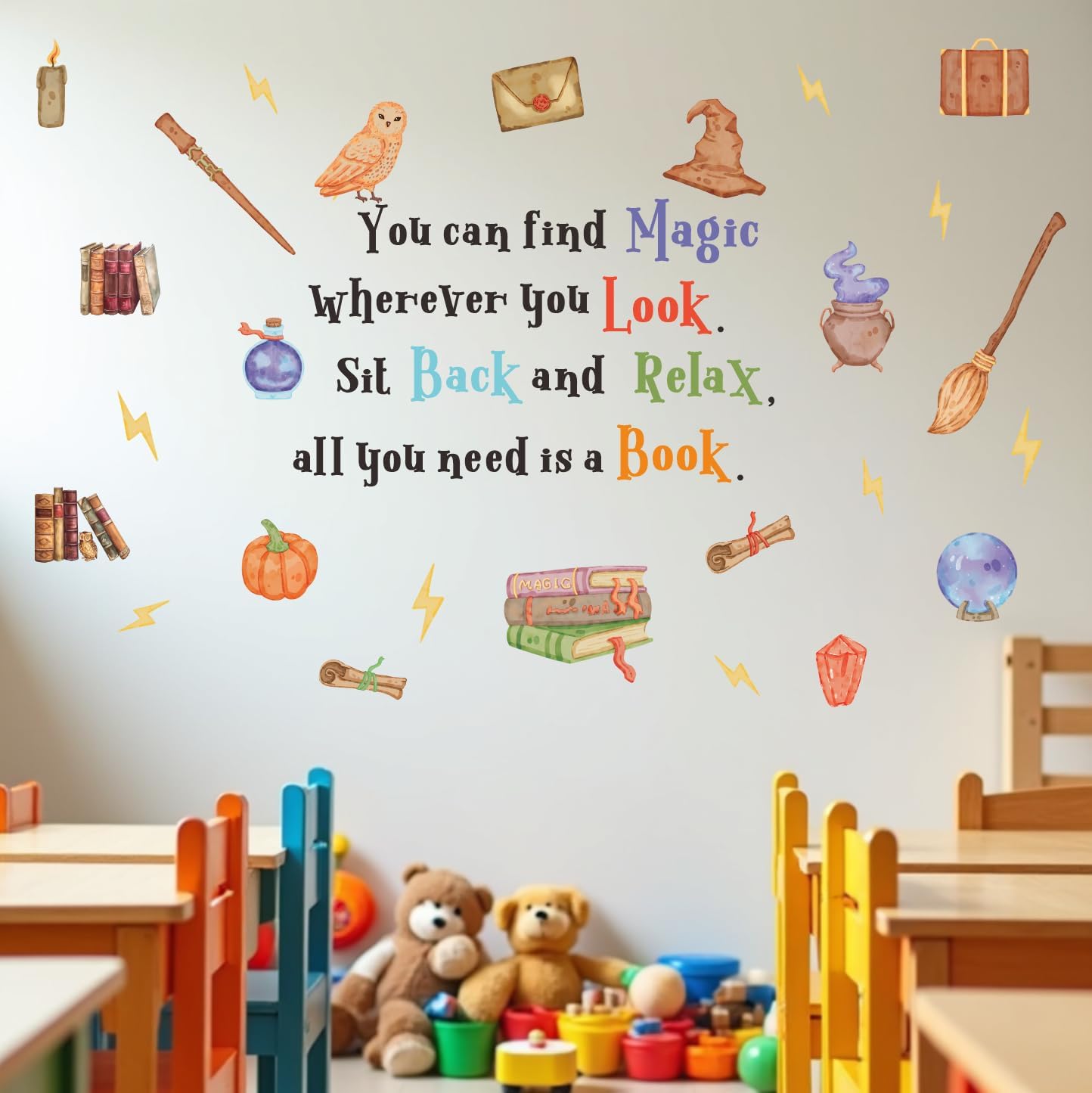 Magic Reading Book Wall Decal, You Can Find Magic Education Inspirational Quote Vinyl Wall Stickers, Removable Watercolor Reading Artwork for Kindergarten Classroom Llibrary Playroom Decor