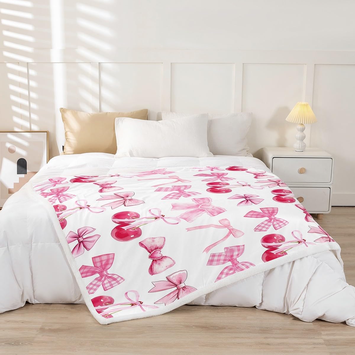 Feelyou Cute Bowknot Fleece Throw Blanket 40"x50" Pink Watercolor Bow Sherpa Blanket for Bed Sofa Couch Boys Girls Teens Bedroom Decor Bow Plush Blanket Women Men Dreamy Princess Fuzzy Blanket