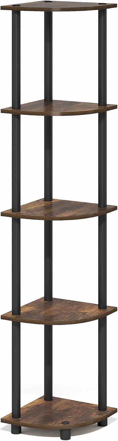 Furinno Turn-N-Tube Corner Shelf, 5-Tier Corner Bookshelf, Open Storage Shelves, for Organization and Storage, Living Room, Home Office, Garage, Bedroom, Amber Oak