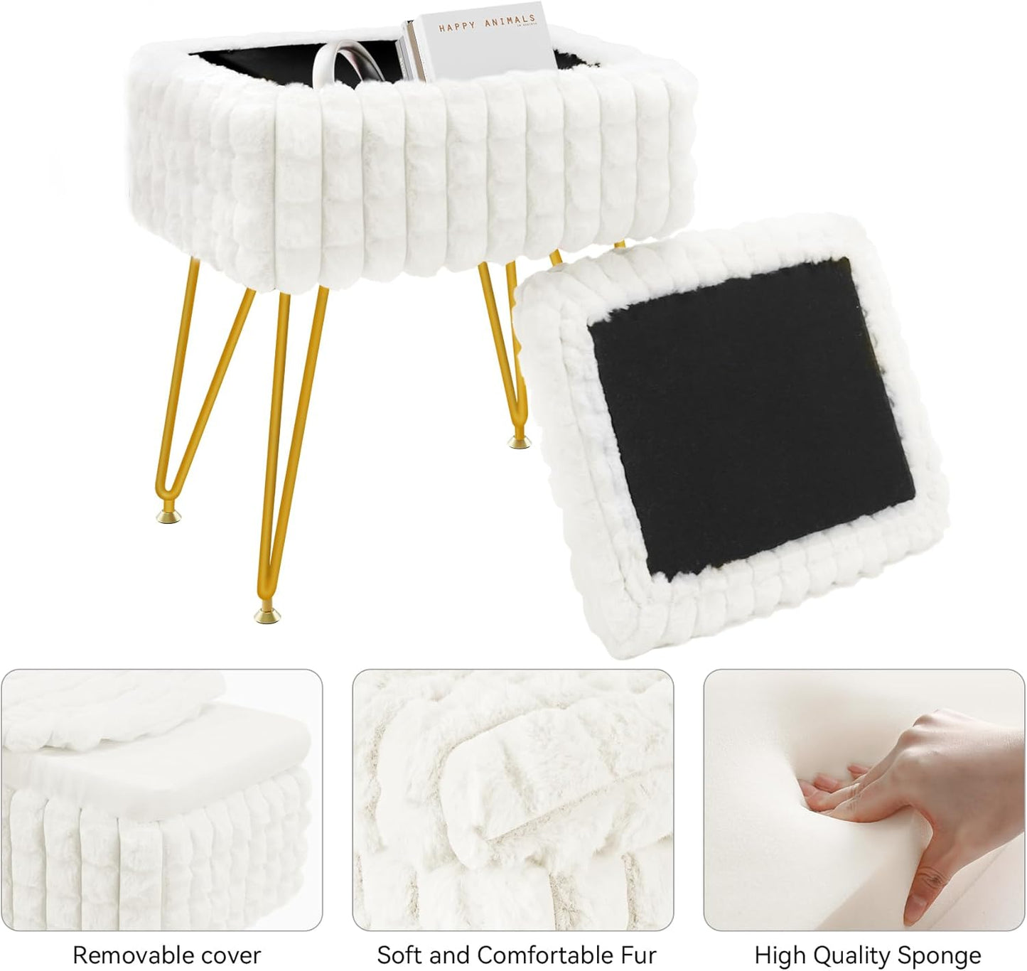 Rectangle Vanity Chair with Storage, Faux Fur Vanity Stool with Anti-Slip Adjustable Feet, Fur Footstool Ottoman for Makeup, Bedroom, Square Grid Pattern, White