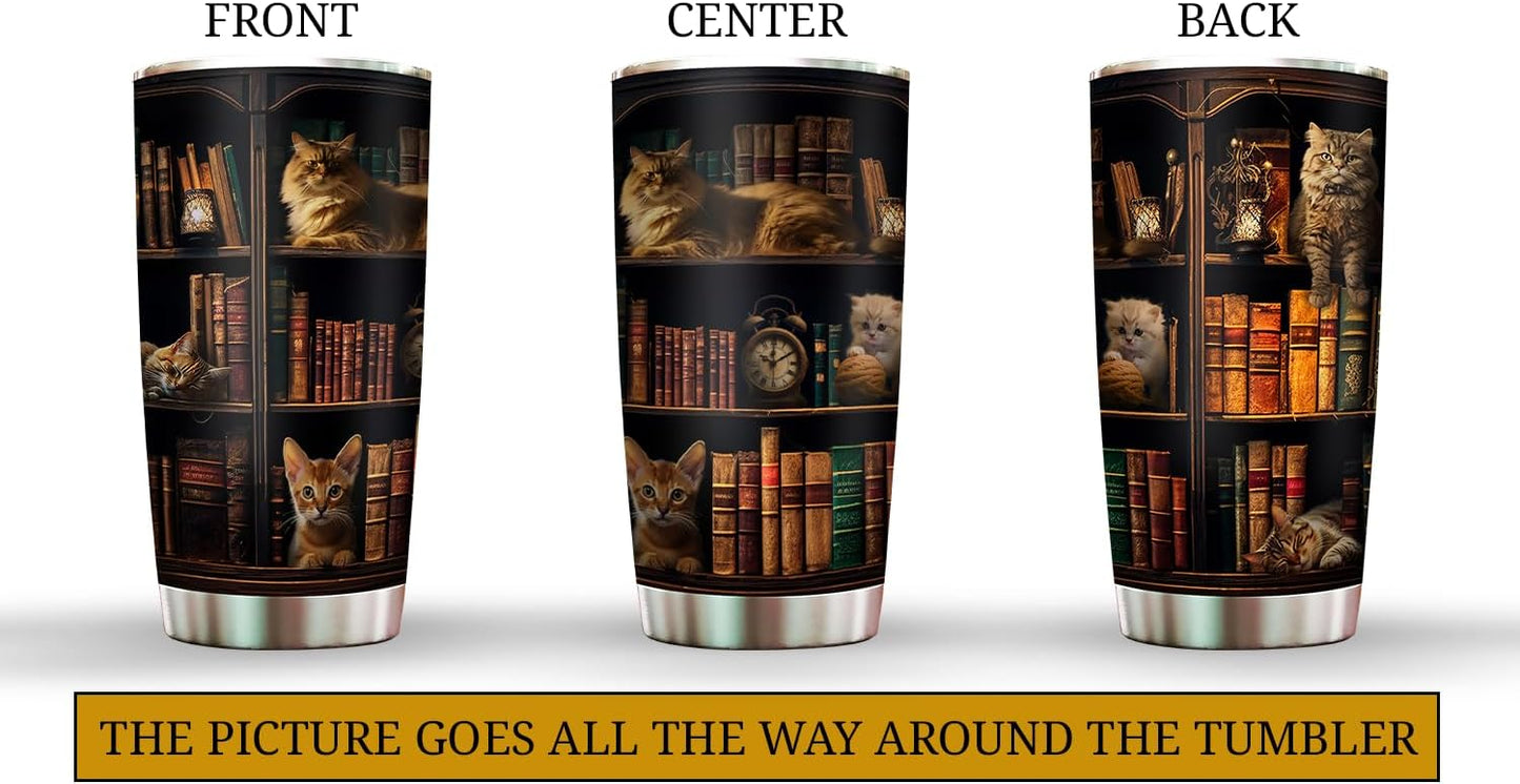 2IMT Cat Book Tumbler Library Travel Mug Book Gifts For Book Lovers For Cat Lovers Women - Bookish Gift For Readers - Reading Mug Bookish Mugs Stainless Steel Tumbler 20oz with Lid