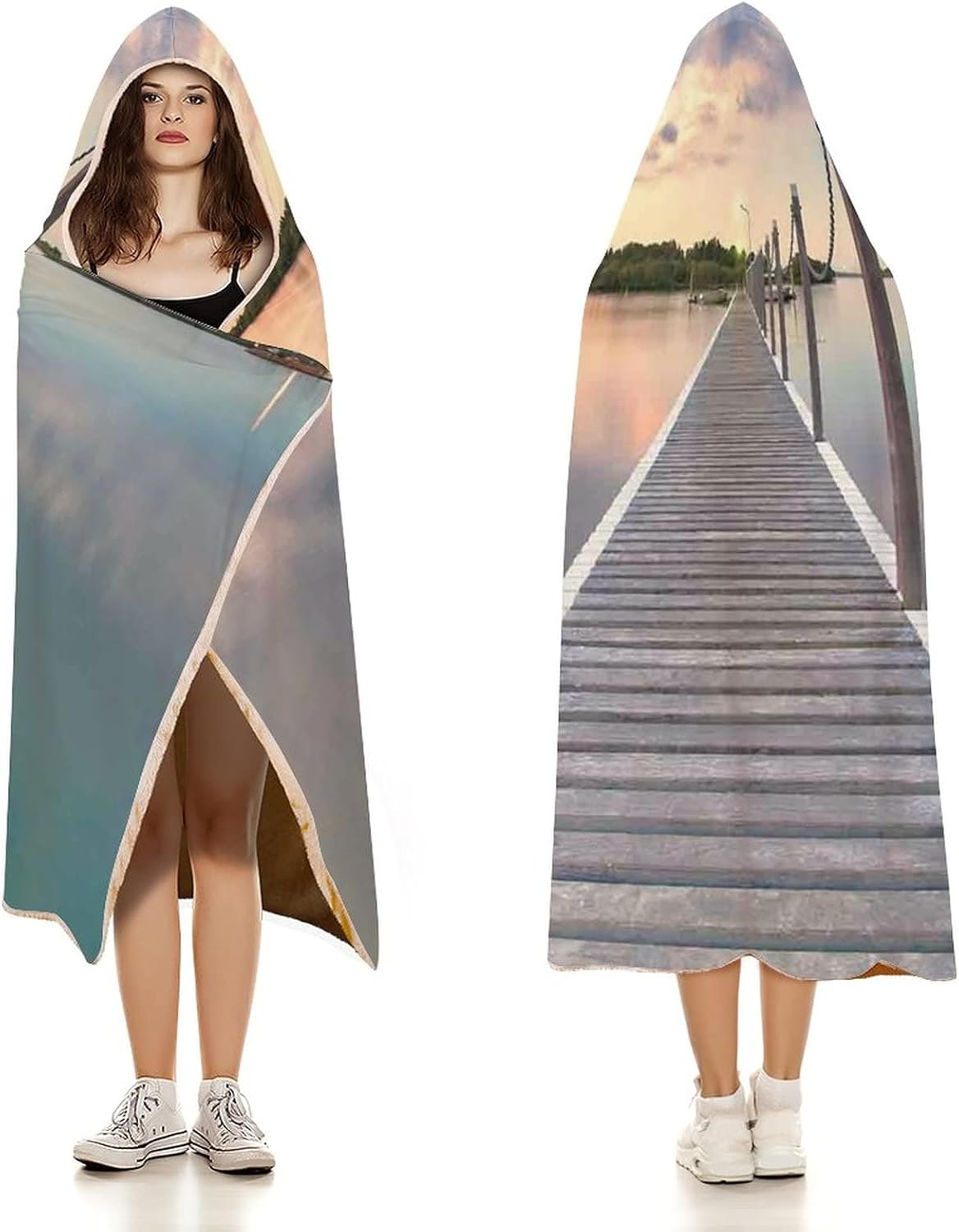Throw Blankets, Ocean Wearable Hooded Blanket for Adults, Pontoon Jetty Pier Deck Across The Water at, Soft Warm Cozy, 50 x 60inches, Studying Reading Snuggling Napping Office, Aqua Grey Peach