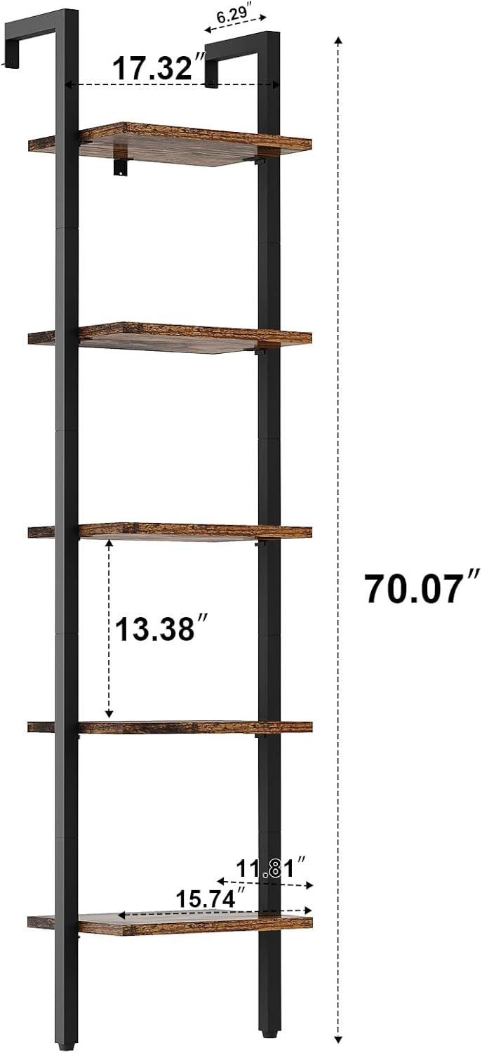 YMYNY 5 Tiers Ladder Bookcase, Industrial Wall Mounted Bookshelf, Open Display Rack with Metal Frame, Wooden Storage Shelves for Bedroom, Home Office, Plant Stand, Rustic Brown, 70*17.3*11.8"UHBC015H