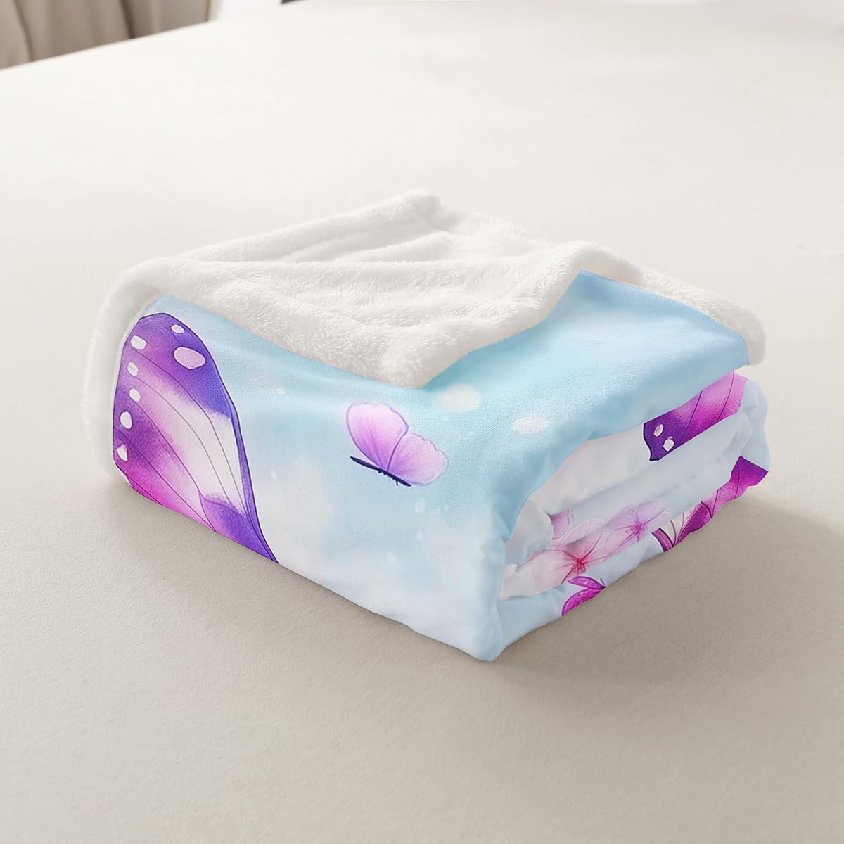 Feelyou Purple Blue Butterfly Fleece Throw Blanket Twin 60"x80" Kids Girls Sherpa Blanket Plush Fuzzy for Bed Couch Chair Living Room, Floral Flower Bed Blanket Cute Watercolor Room Decor