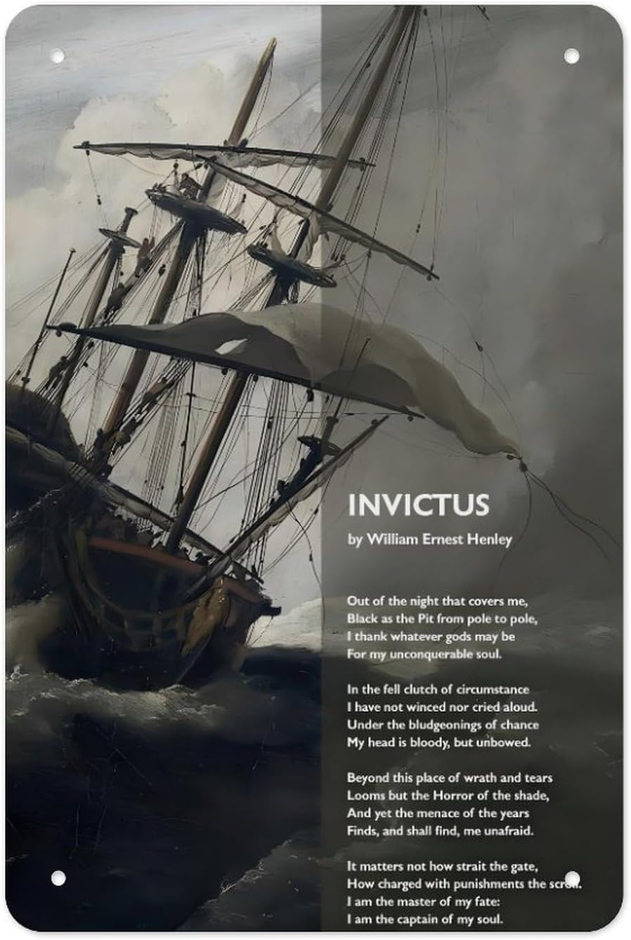 Vintage Ship In Storm Poetry Quote Metal Tin Sign 12x8 Inch Wall Art Captain Of My Soul William Ernest Henley Inspirational Literary Typography Decor For Home Office Study Gift