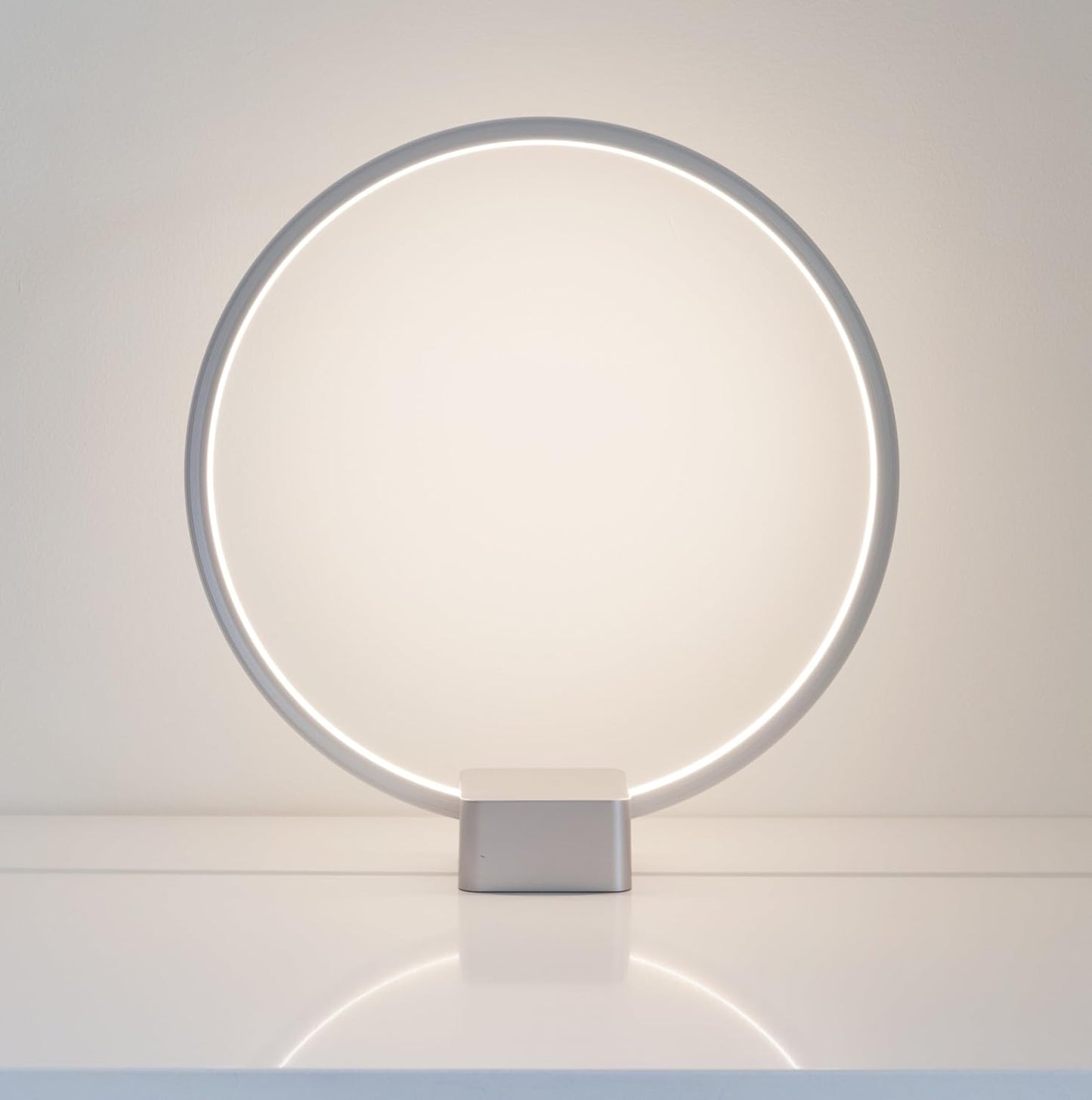 Brightech Circle LED Nightstand Lamp with USB Port – Compact Bed Stand Lamp for Bedroom, Living Room - Modern Asian Table & Desk Lamp on Side & End Tables - Titanium Sliver
