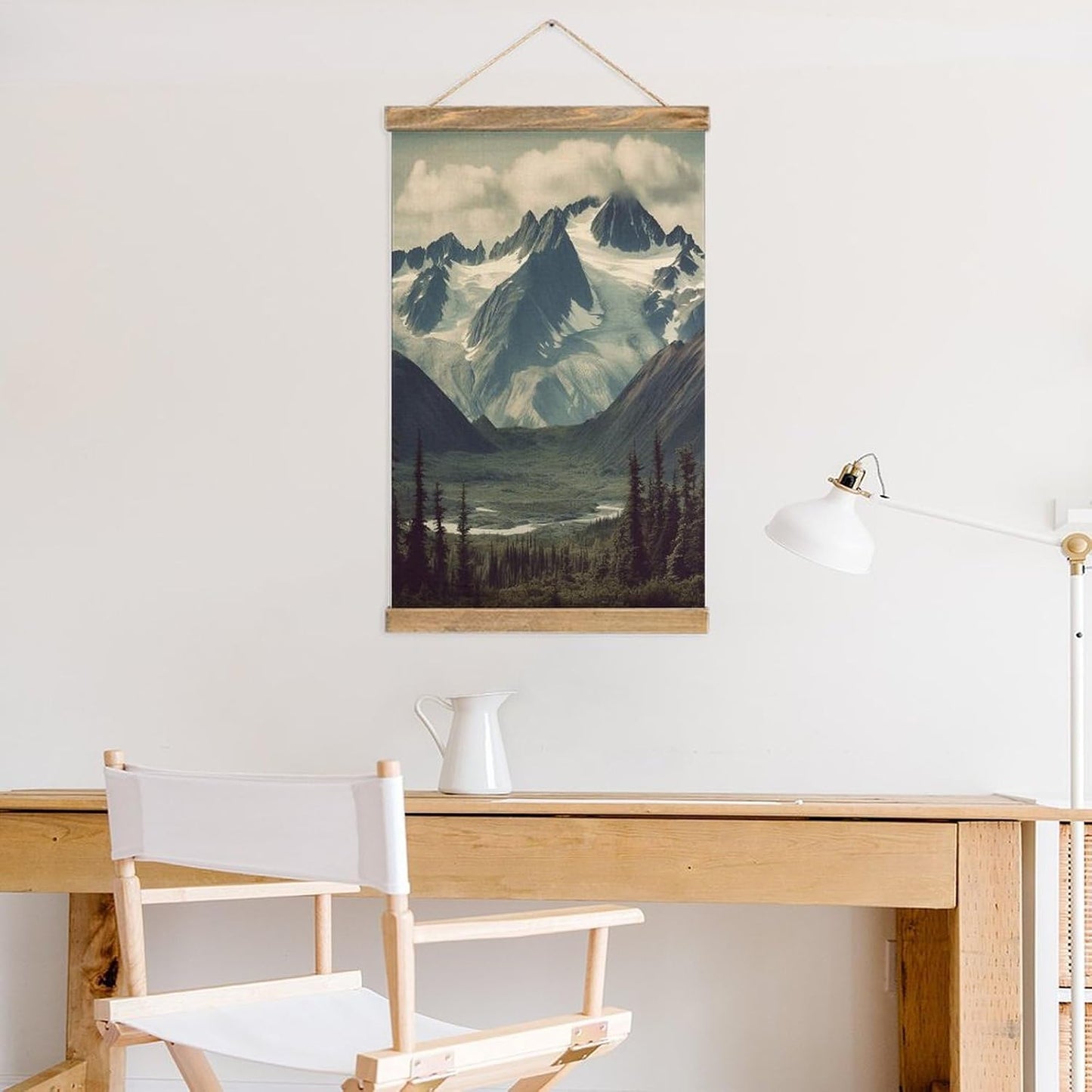 Vintage Alaska Mountains Poster with Wooden Frame Personalized Linen Hanging Scroll Painting Rustic Wall Hanging Illustrative Modern Artwork Decor for Home Living Room Bedroom Office