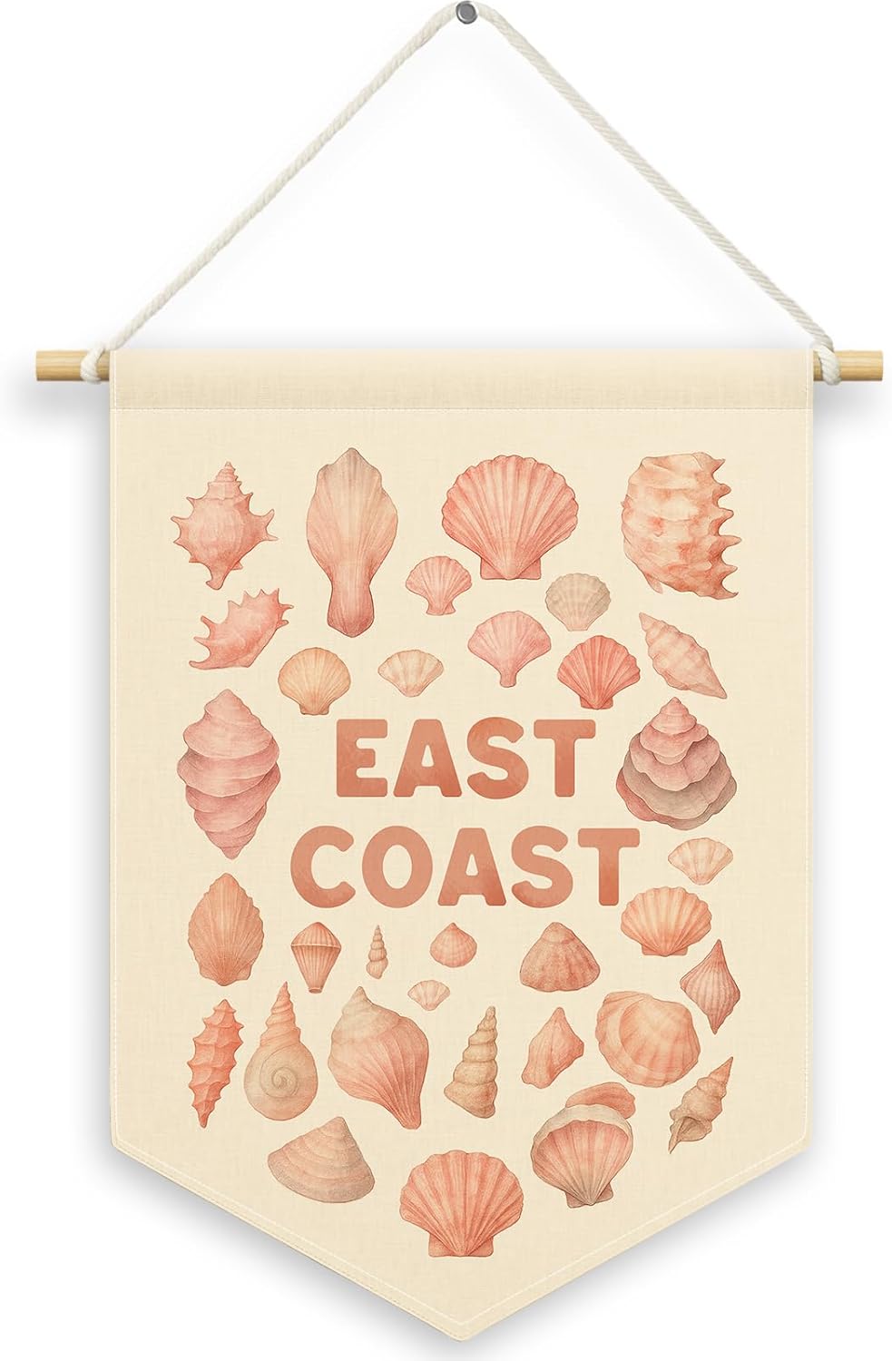 Pink East Coast Seashell Girly Room Decor, Coastal Beach Ocean Kids Banner Canvas, Preppy Sea Nursery Wall Hanging Frame Decor Art Pennant Flag for Beachy Toddler Room Playroom Dorm 11x15in