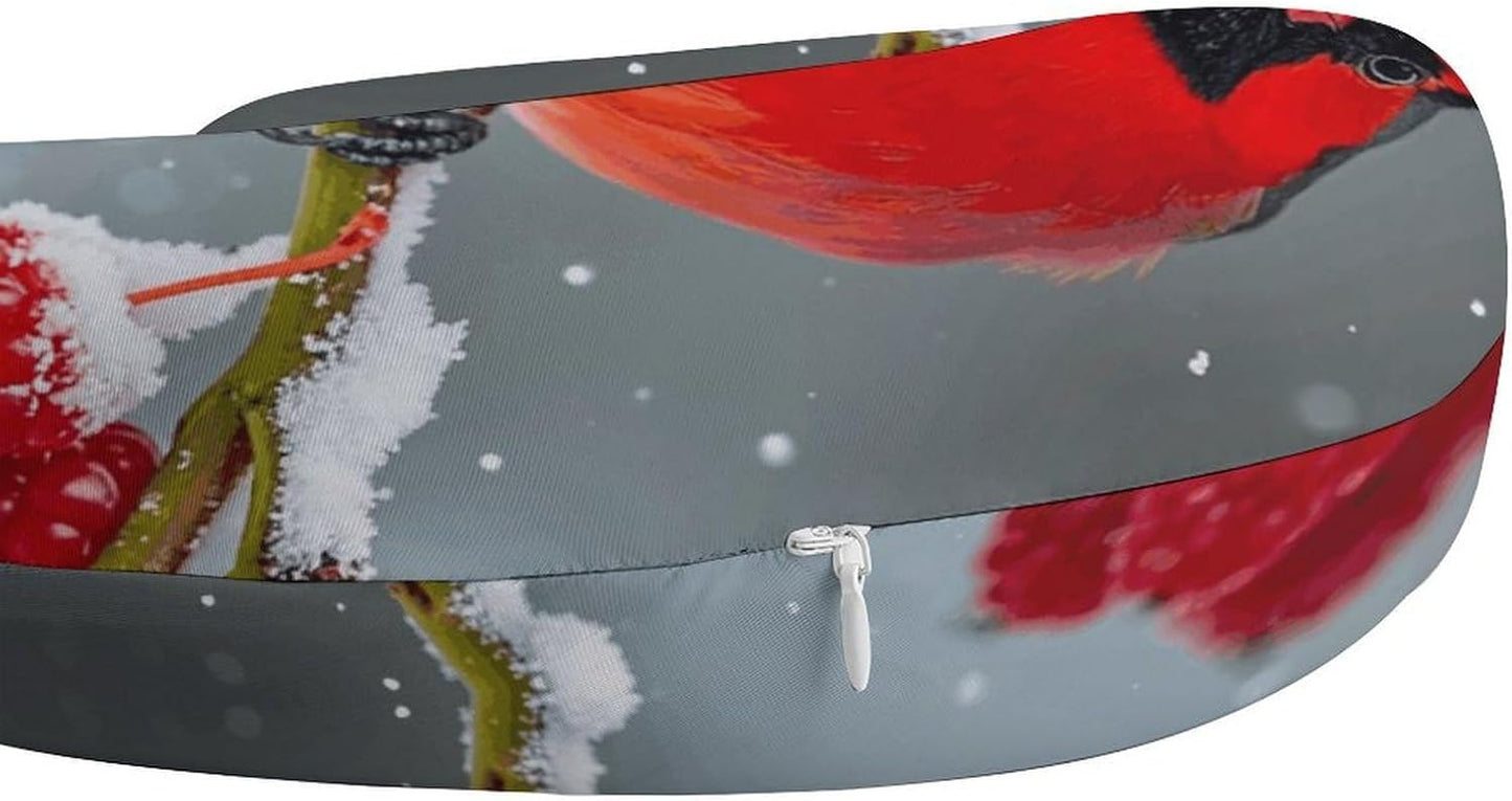Cardinal Birds, Snow, Cranberries. Neck Pillow Memory Foam U Shaped Pillows Portable Pillows for Shoulder Travel Head Support Pillow with Concealed Zipper for Airplane Car Home Office