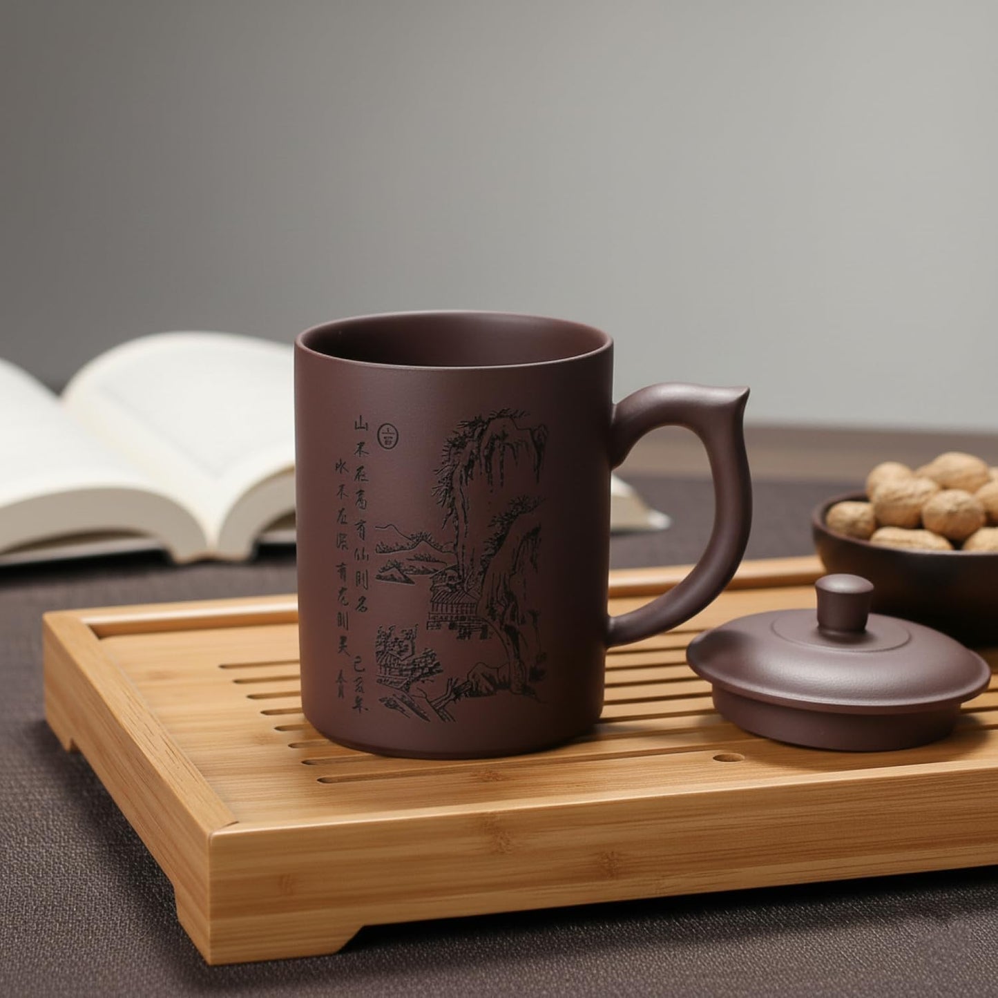 I-MART Chinese Tea Cup Purple Clay Mug with Lid 16 oz Yixing Style Kung Fu Teacup for Loose Leaf Tea Coffee Daily Use with Ergonomic Handle and Traditional Design
