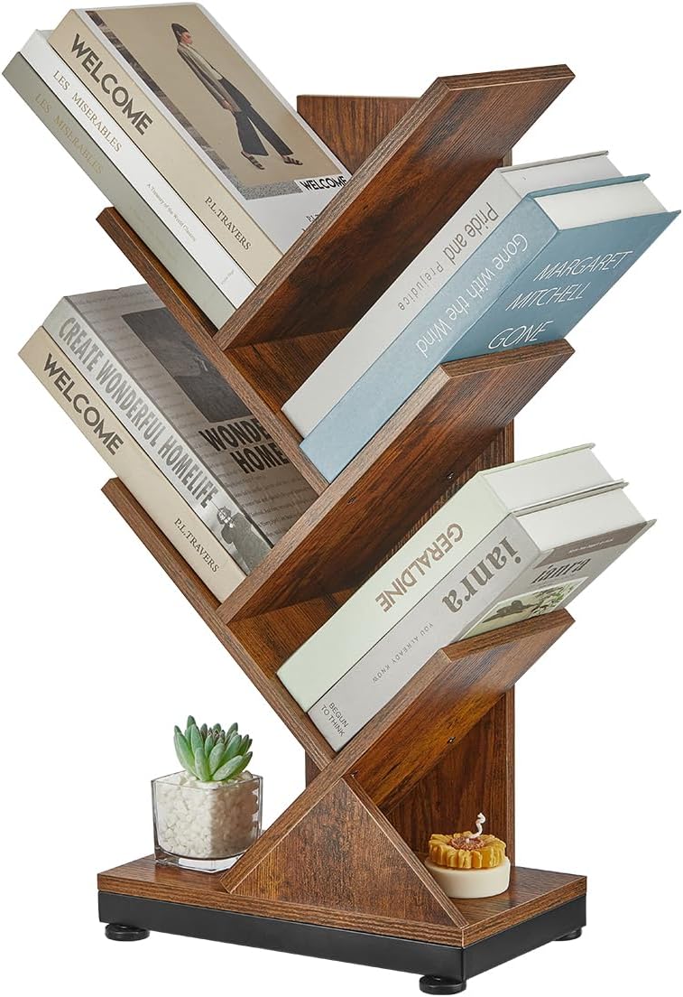 ruboka Tree Bookshelf,Retro Floor Standing Bookcase Display for CDs/Magazine/Books,Small Bookshelf for Bedroom,Living Room,Office,Balcony,Brown Storage Shelves (Brown, 5 Tier)