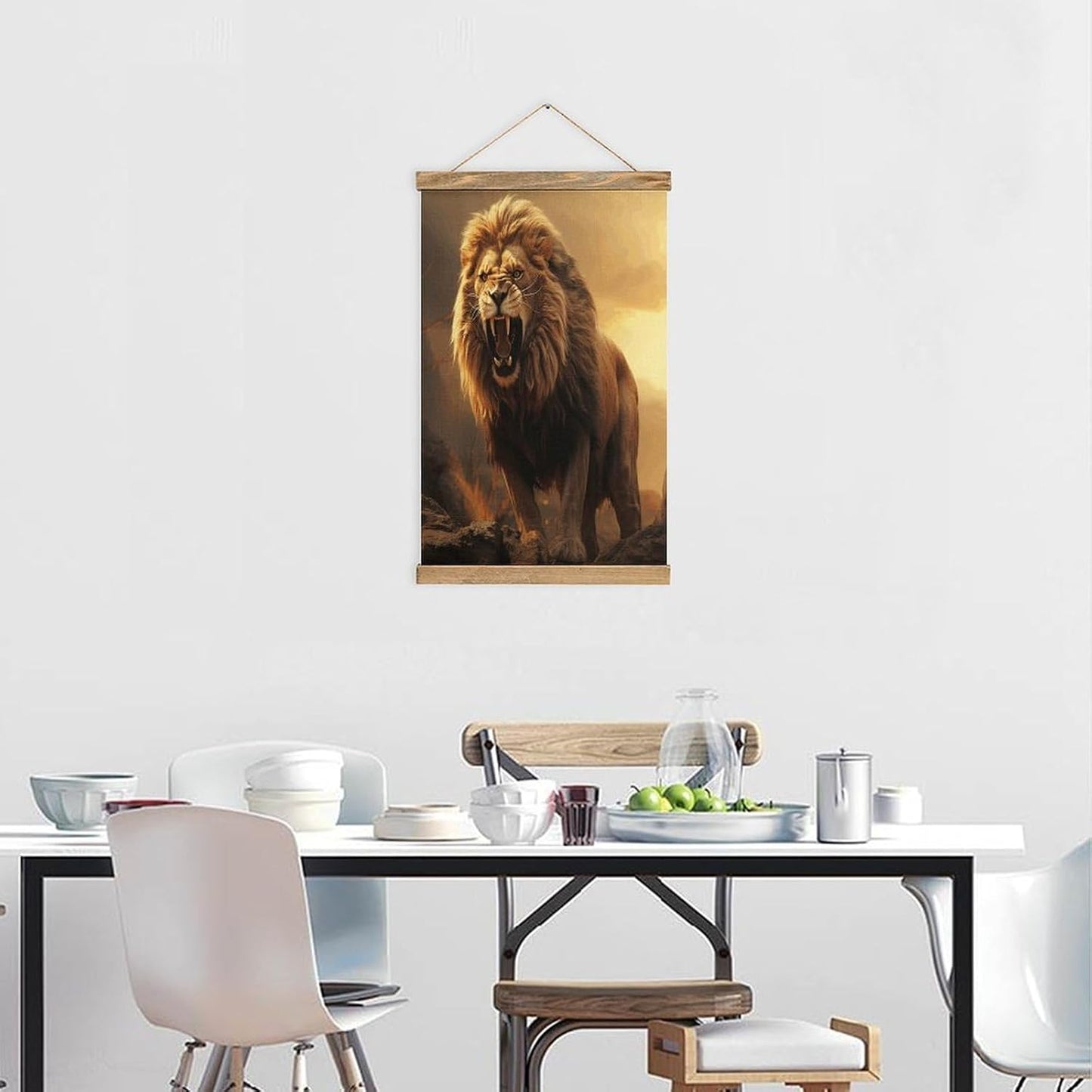 Vintage Angry Roaring Lion Poster with Wooden Frame Personalized Linen Hanging Scroll Painting Rustic Wall Hanging Illustrative Modern Artwork Decor for Home Living Room Bedroom Office