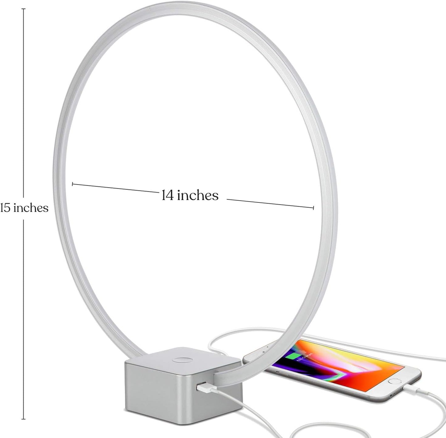Brightech Circle LED Nightstand Lamp with USB Port – Compact Bed Stand Lamp for Bedroom, Living Room - Modern Asian Table & Desk Lamp on Side & End Tables - Titanium Sliver