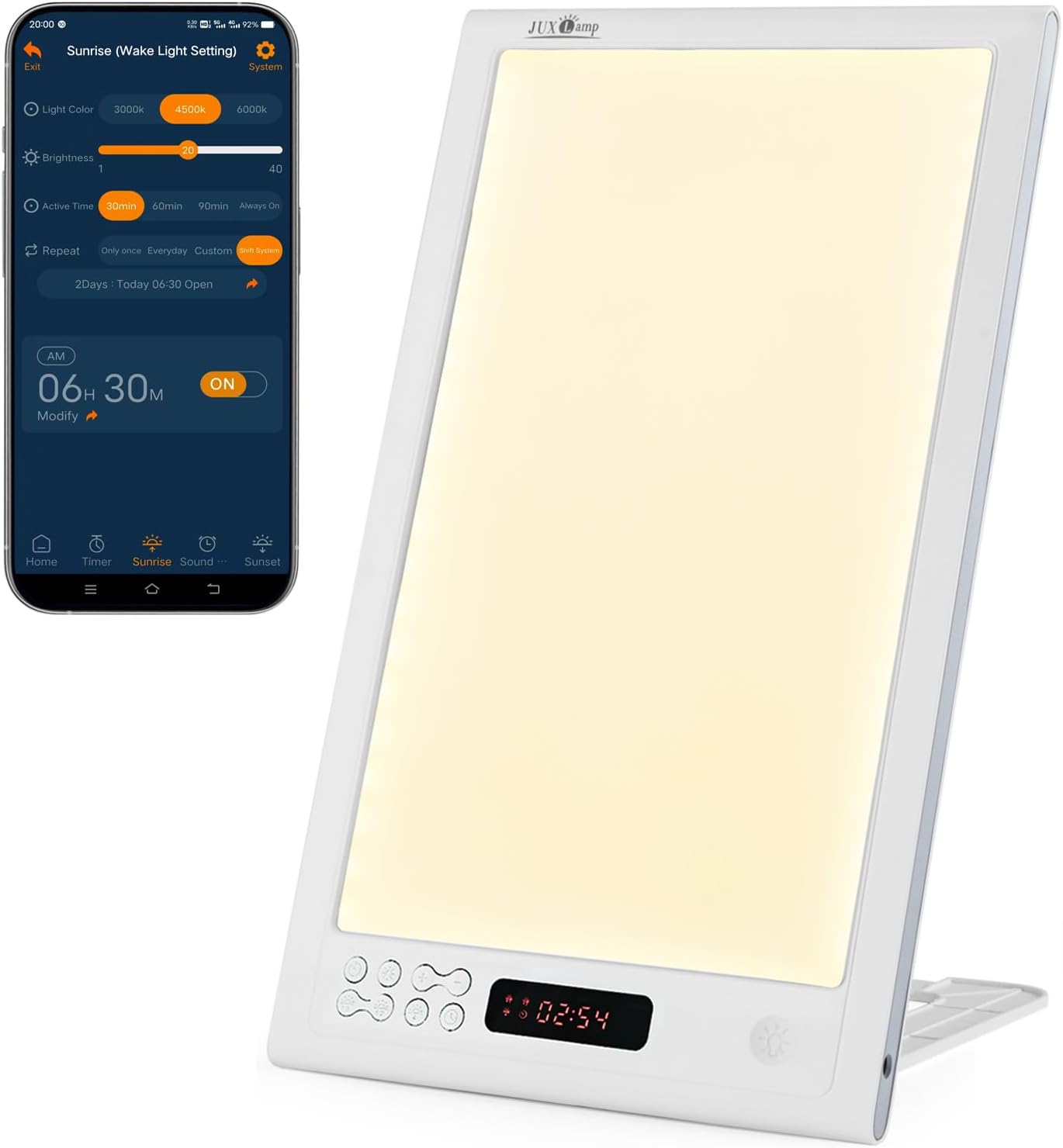 Bright Light Therapy Lamp 12000 Lux - Sunrise Alarm Clock with Dawn Simulator, APP Control - Wake Up Happy & Start Your Day Positively