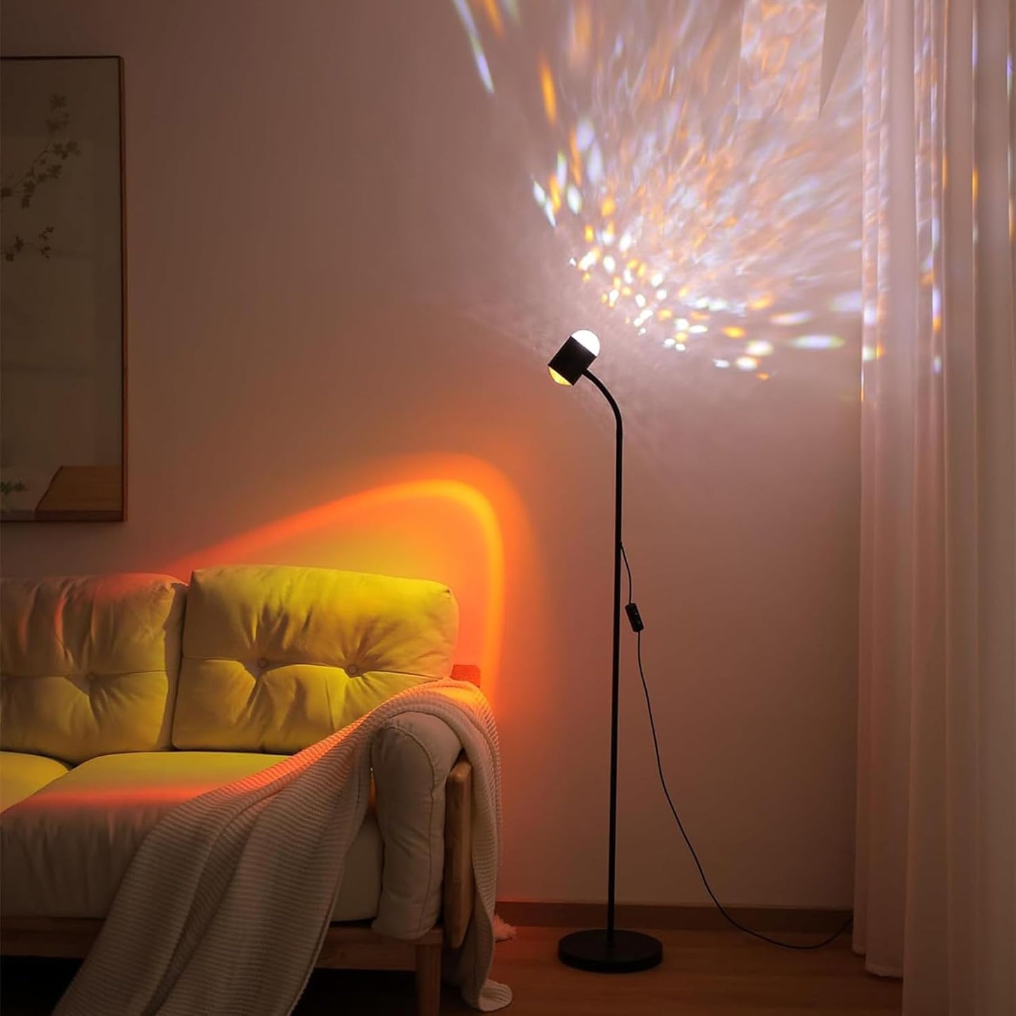 Sunset Projection Floor Lamp with 3D Waves, Dual Head Sunset Lamp with Creative DIY Mode, Multiple Colors and Interchangeable Background Mode, 360 ° Rotating Atmosphere, Sunset Mood Floor Light