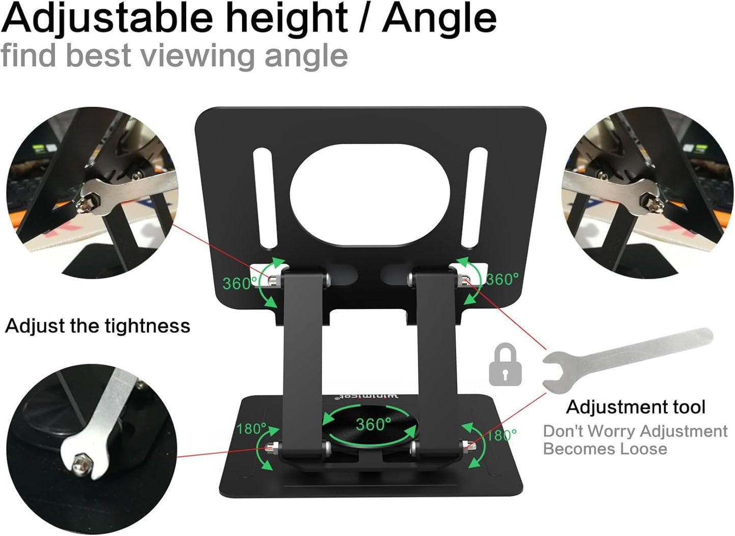 Tablet Stand Holder for Desk, with 360 Rotating Metal Base, Dual Rod Support Adjustable Multi-Angle Home Office Accessories Compatible with iPad Samsung Galaxy Tabs and More, Black