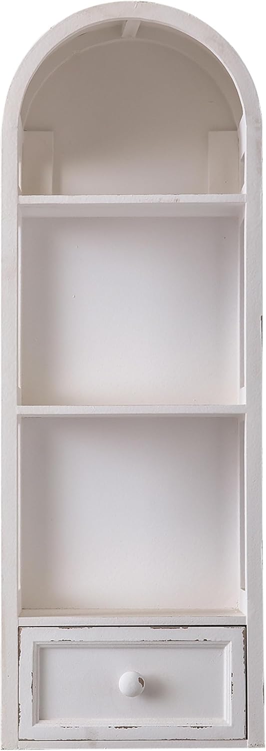 SOFE 3 Shelf White Wall Storage Cabinet with Drawer, 31" Tall Narrow Bathroom Cabinet Wall Mounted, Wood Display Cabinet, Arched Bookshelf, Modern Farmhouse Hanging Cabinets Storage