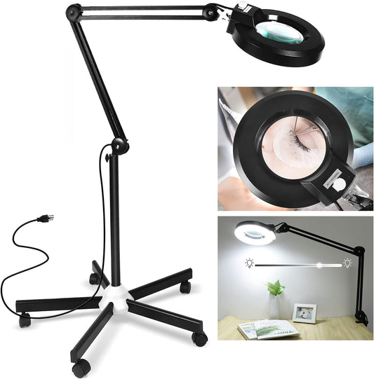 LANCOSC 10X Magnifying Glass with Light and Stand, Floor Lamp with 5-Wheel Rolling Base for Facials Lash Estheticians, 2,200 Lumens Dimmable LED Lighted Magnifier for Reading Sewing Crafts - Black