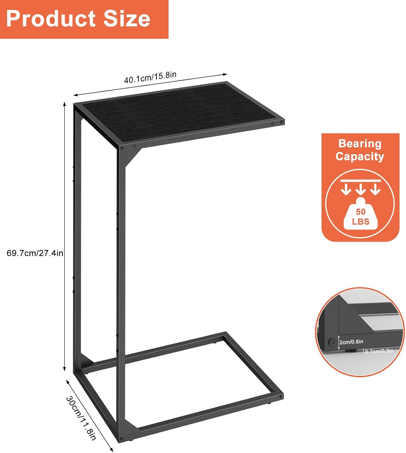 Sunexinlo Set of 2 C Shaped End Tables for Couch, Slide Under Sofa, TV Tray for Laptop, Coffee and Snacks, Space Saving, for Living Room and Bedroom, Black