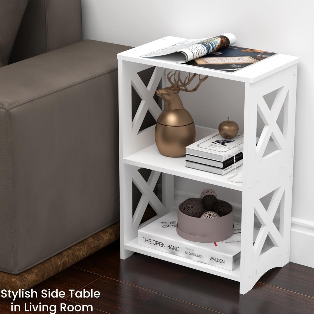 LUCKNOCK Narrow Side Table with Storage, 3-Tier Slim Nightstand for Small Spaces, White Modern End Table, Bedside Table, Bookshelf for Living Room, Bedroom, Bathroom and Office.