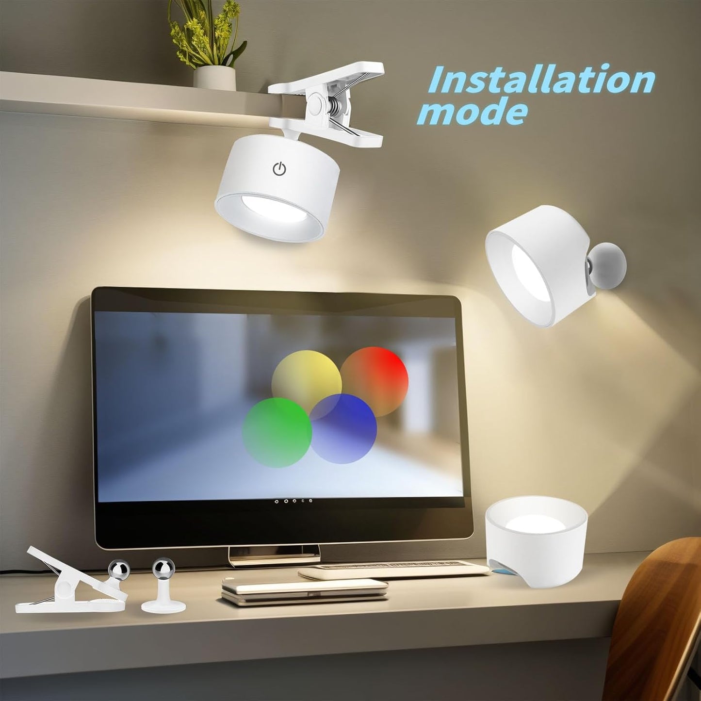 Adetu LED Wall Mounted Lights, Rechargeable Wall Sconces Lamp, 3 Color Temperatures & Remote, Magnetic Clamp Light 360° Rotation Dimmable Cordless Wall Lights for Living Room Bedside (1 Pack, White)