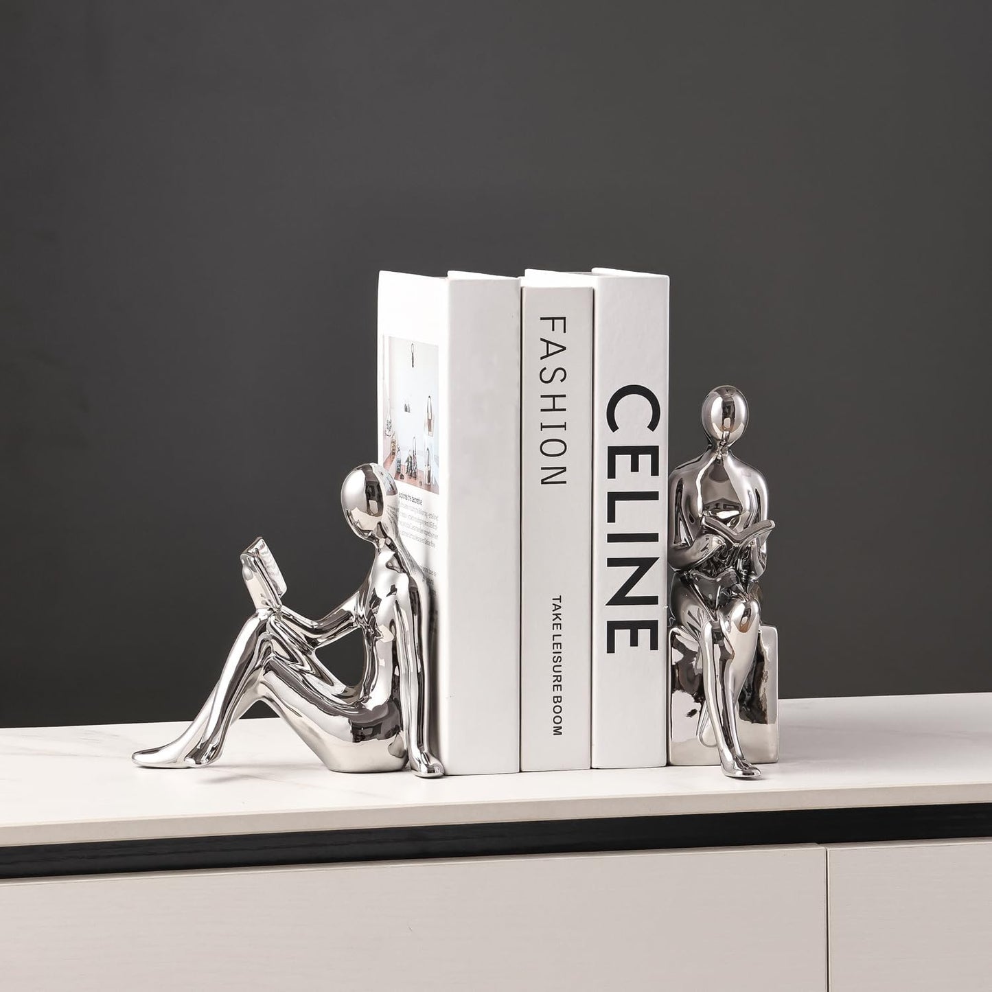 Ceramic Decorative Bookends, Book Ends for Shelves, Home Office Decor Aesthetic Statues Book Holders Stoppers for Bookshelf, Table, Bedroom Living Room Decoration (Silver)