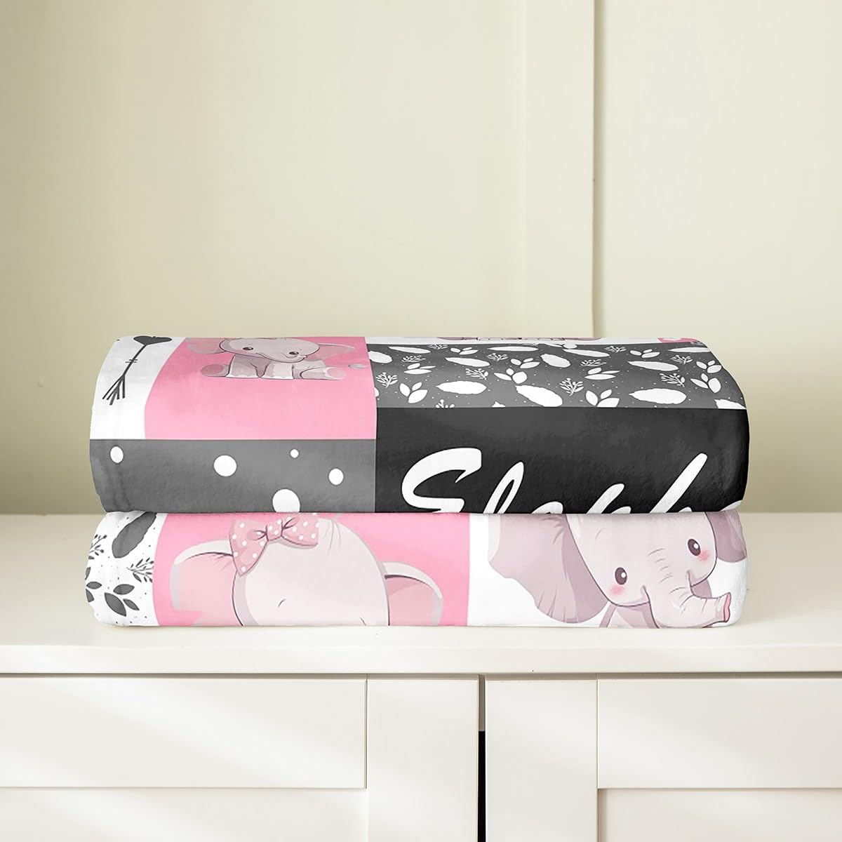 Cute Elephant Flannel Fleece Blanket,Lovely Animal Pink Bowknots Cartoon Soft Blanket for Bed Sofa Couch,Pink Gray Black Plaids Grids Patchwork Bed Blanket for Bedroom Decor,Twin 60"x80"