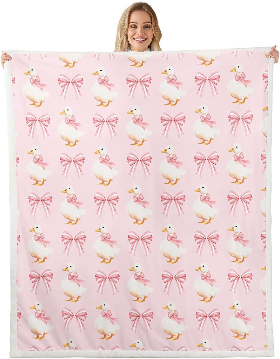 Feelyou Cute Goose Sherpa Throw Blanket for Couch Pink Bow Super Soft Cozy Fleece Geese Animal Pet Blanket for Winter, Plush Throw Bowknot Bow Tie 40"x50" All Season