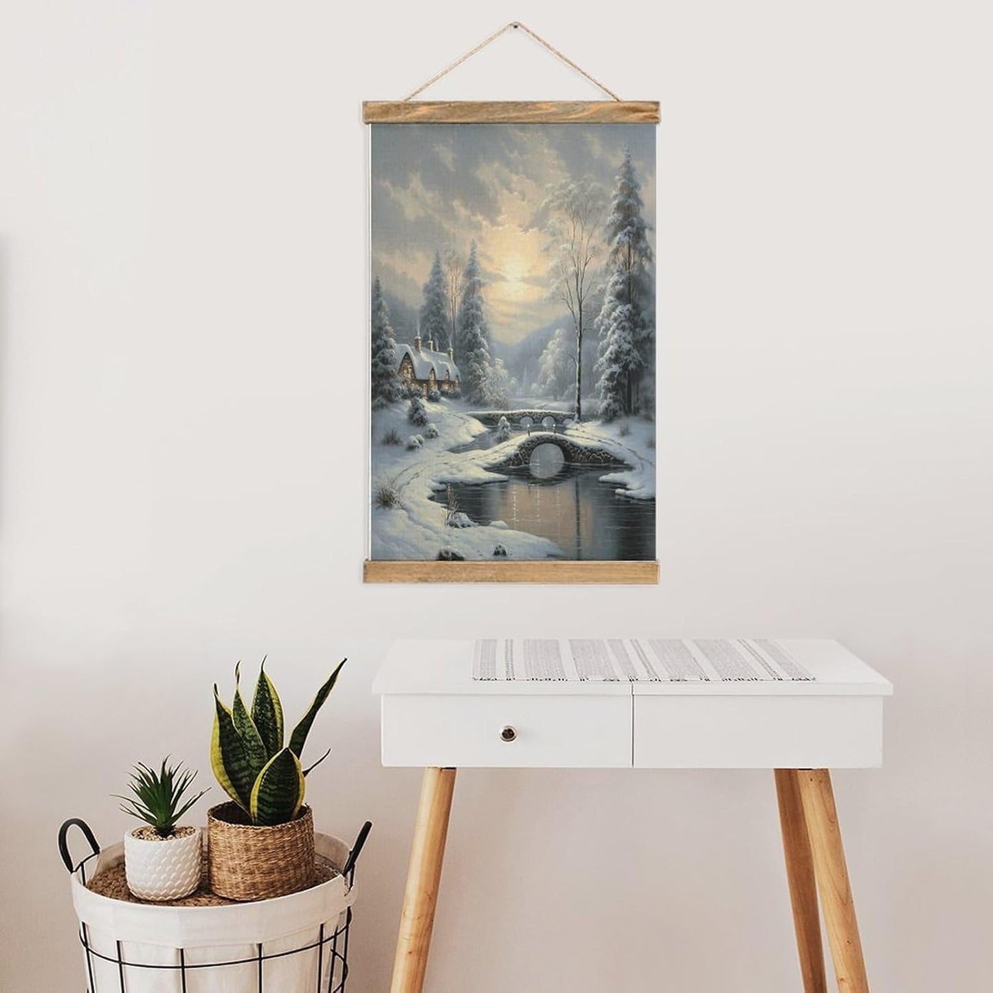 Vintage Winter Snow Scene Poster with Wooden Frame Personalized Linen Hanging Scroll Painting Rustic Wall Hanging Illustrative Modern Artwork Decor for Home Living Room Bedroom Office