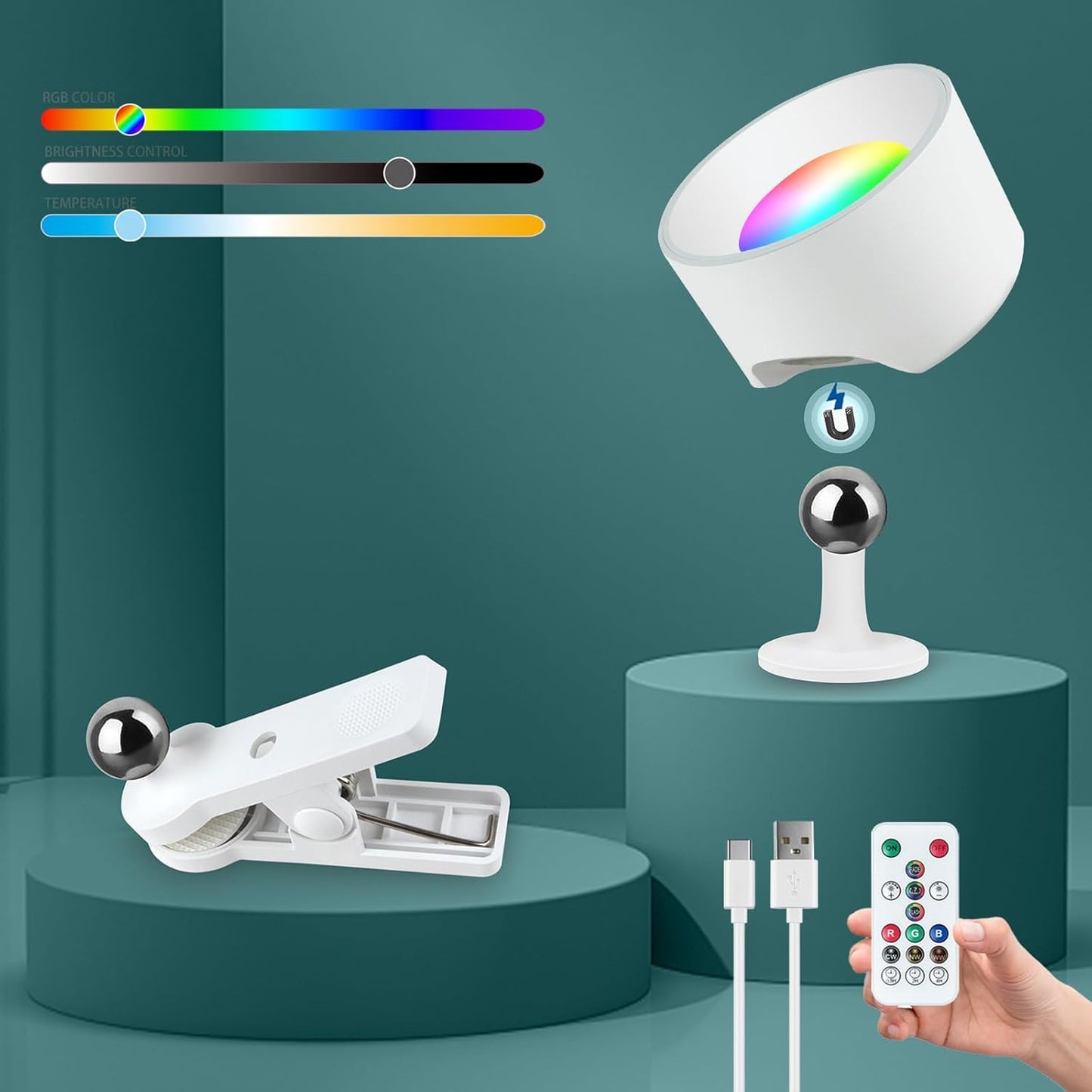 Adetu LED Wall Mounted Lights, Rechargeable Wall Sconces Lamp, 3 Color Temperatures & Remote, Magnetic Clamp Light 360° Rotation Dimmable Cordless Wall Lights for Living Room Bedside (1 Pack, White)