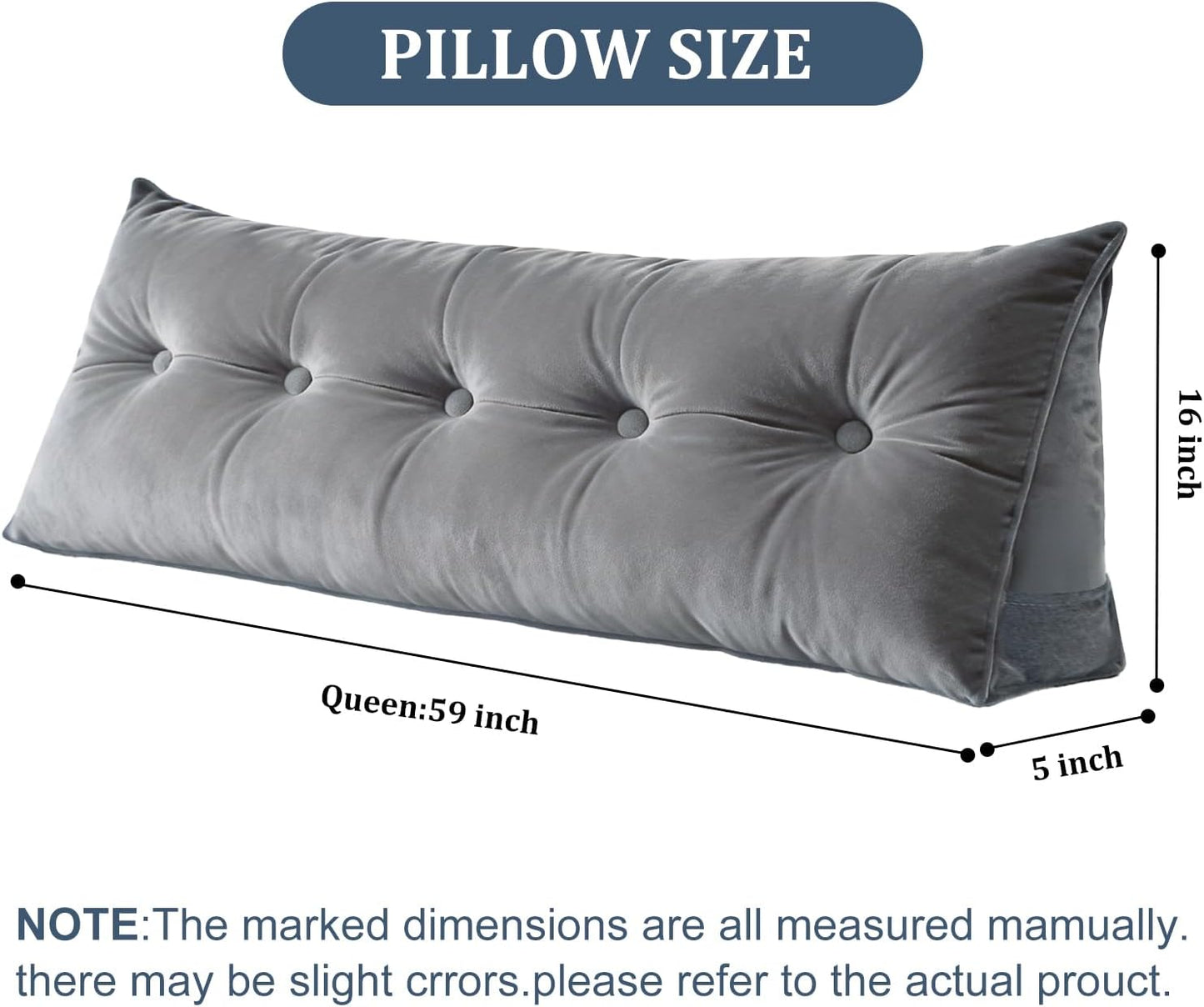 Headboard Pillow Queen, 59" Large Wedge Reading Pillow for Bed Sitting Up, Decorative Bolster Cushion Backrest for Sofa & Daybed, Soft Plush Cover with Side Pockets, Dark Grey