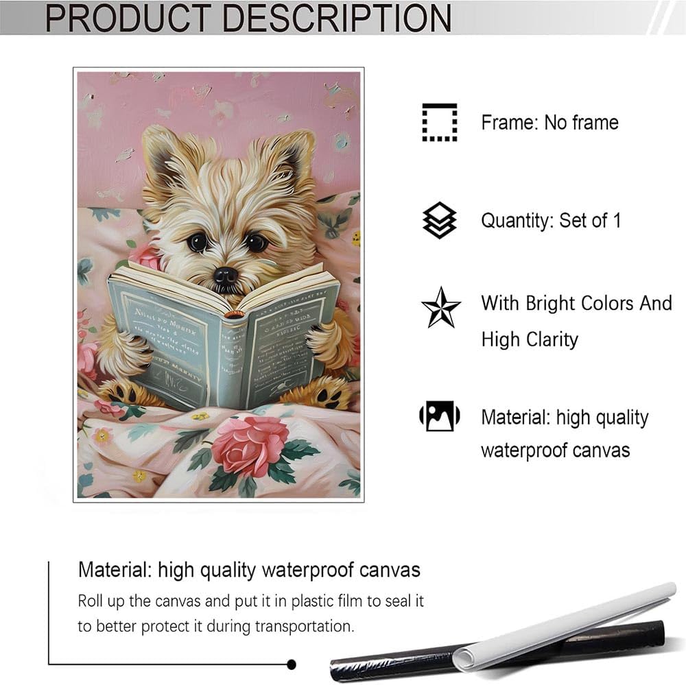 Vintage Dog Reading Books Posters Pink Funny Animal Canvas Wall Art Cute Pet Lovers Minimalist Aesthetic Prints Painting For Girls Room Home Bedroom Dorm Wall Decor 12x16in Unframed