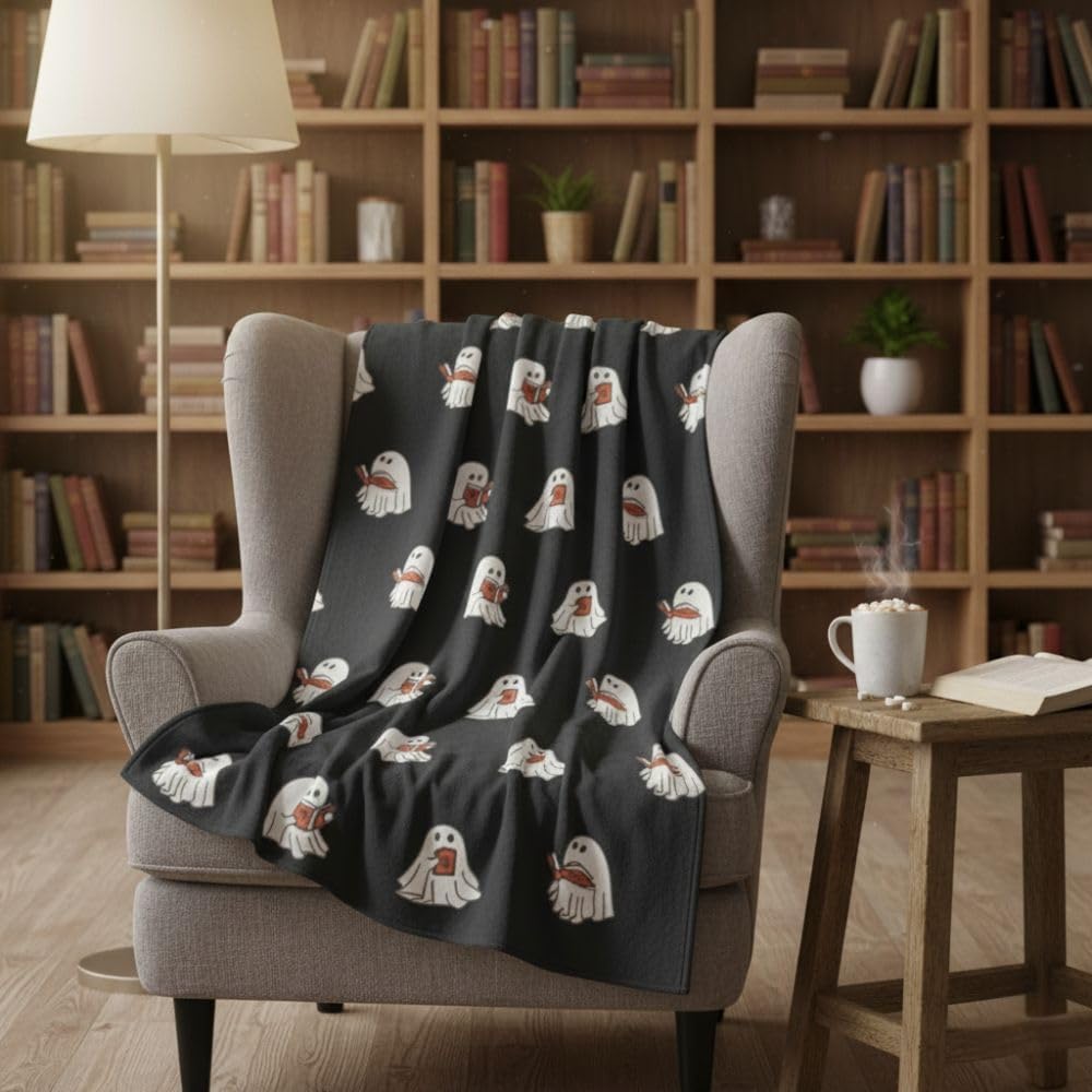 Ghost Reading Book Blanket 50x60 Inch – Soft Fluffy Halloween Throw Blanket for Book Lovers, Cozy Reading Bookish Gift, Cute Ghost Design (Black)
