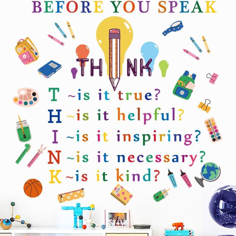 Colorful Inspirational Quotes Wall Decals Motivational Phrases Stickers Inspirational Lettering Before You Speak Think Lettering Wall Stickers for Classroom Nursery Kids Home Decoration