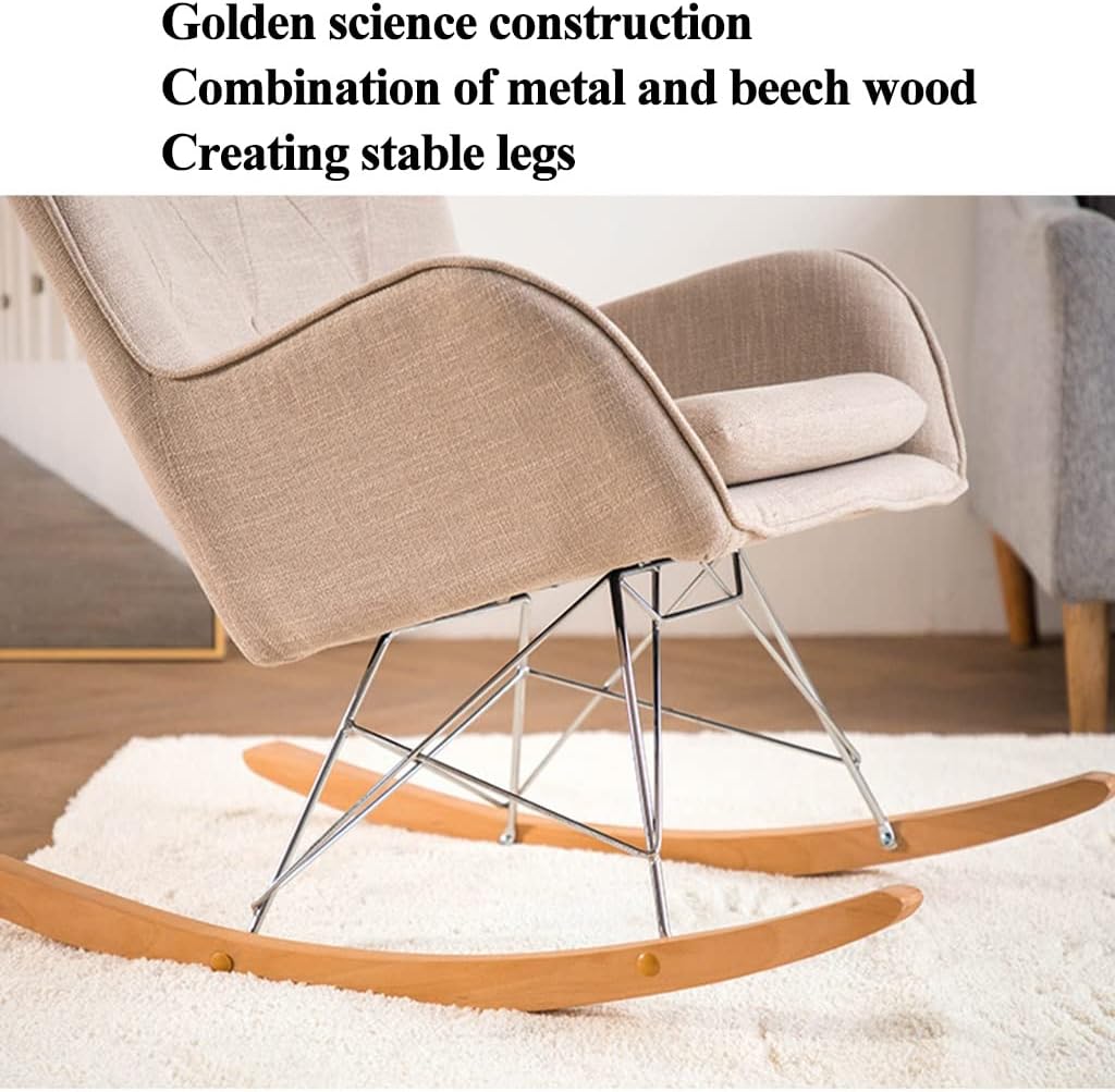 LSLYTQ Mid-Century Fabric Rocking Chair, Solid Wood Loung Rest Chair, Lazy Backrest Chair, Comfortable Rocking Armchair, Solid Hardwood Metal Base