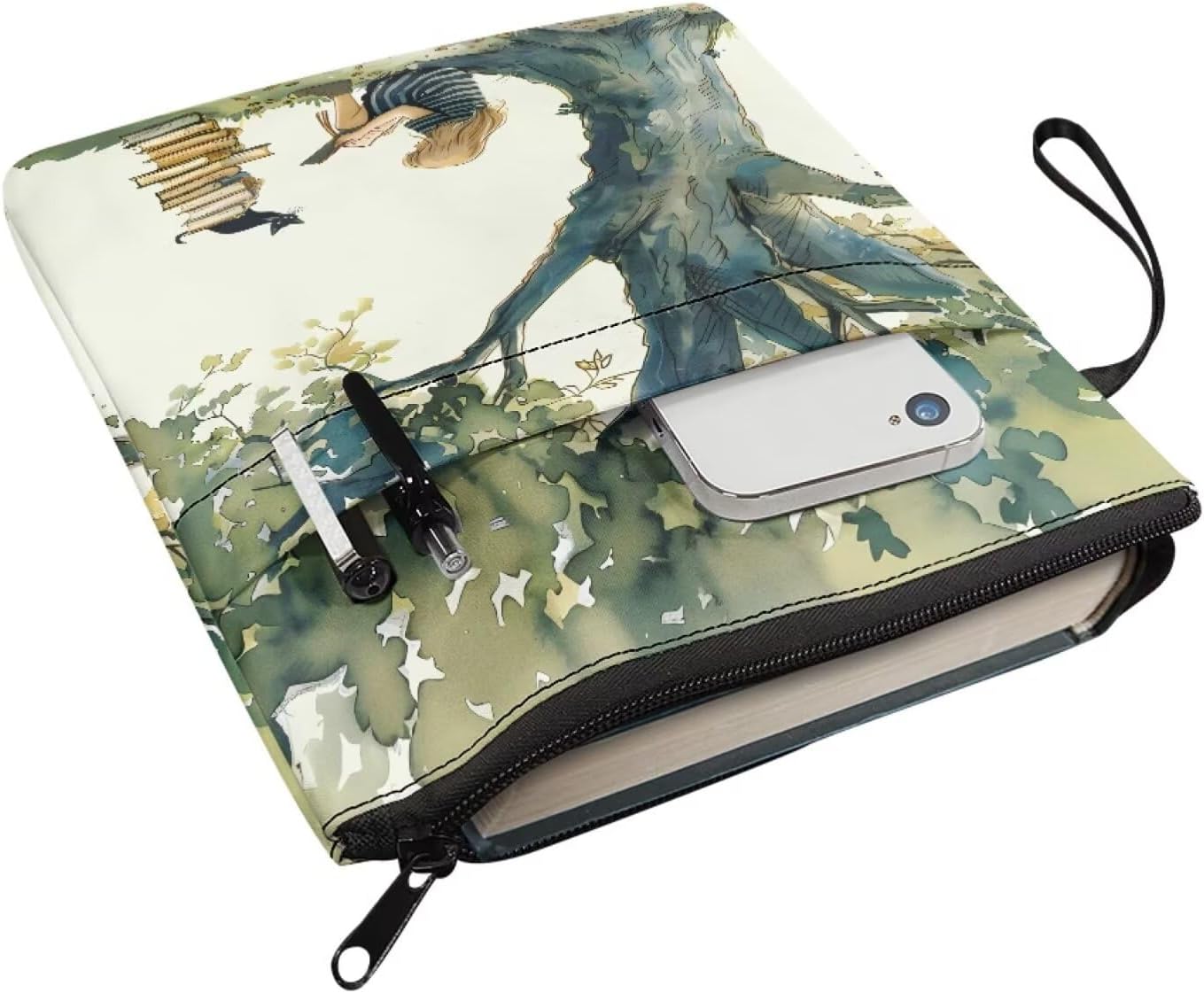 chaqlin Reading and Nature Book Sleeve with Zipper & Front Pocket 11.4x8.7 Inch Washbale Bible Cover Protector Book Lovers Gift for Travel