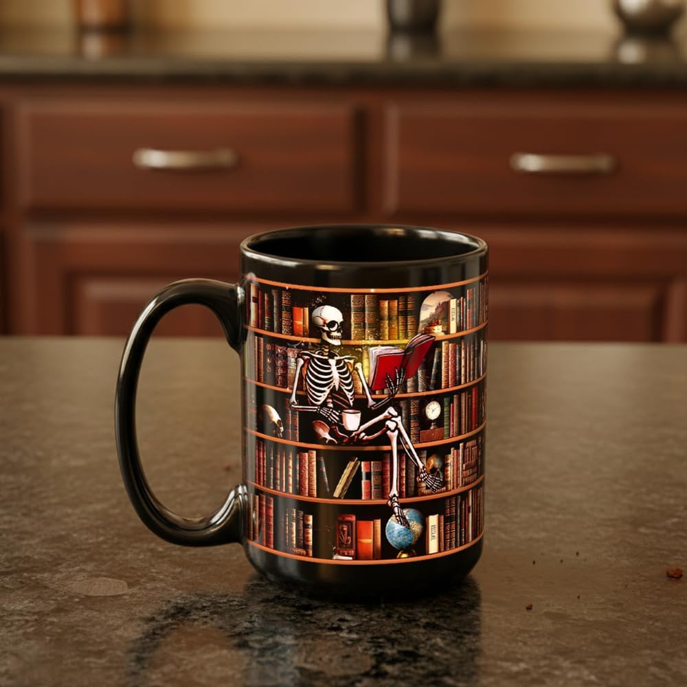 Funny Book Mug Gifts for Lovers - Just One More Chapter Coffee Mug 15oz, Bookish Gifts for Women Men, Skull Bookshelf Coffee Mugs, Birthday Bookworm Librarian Book Club Gift
