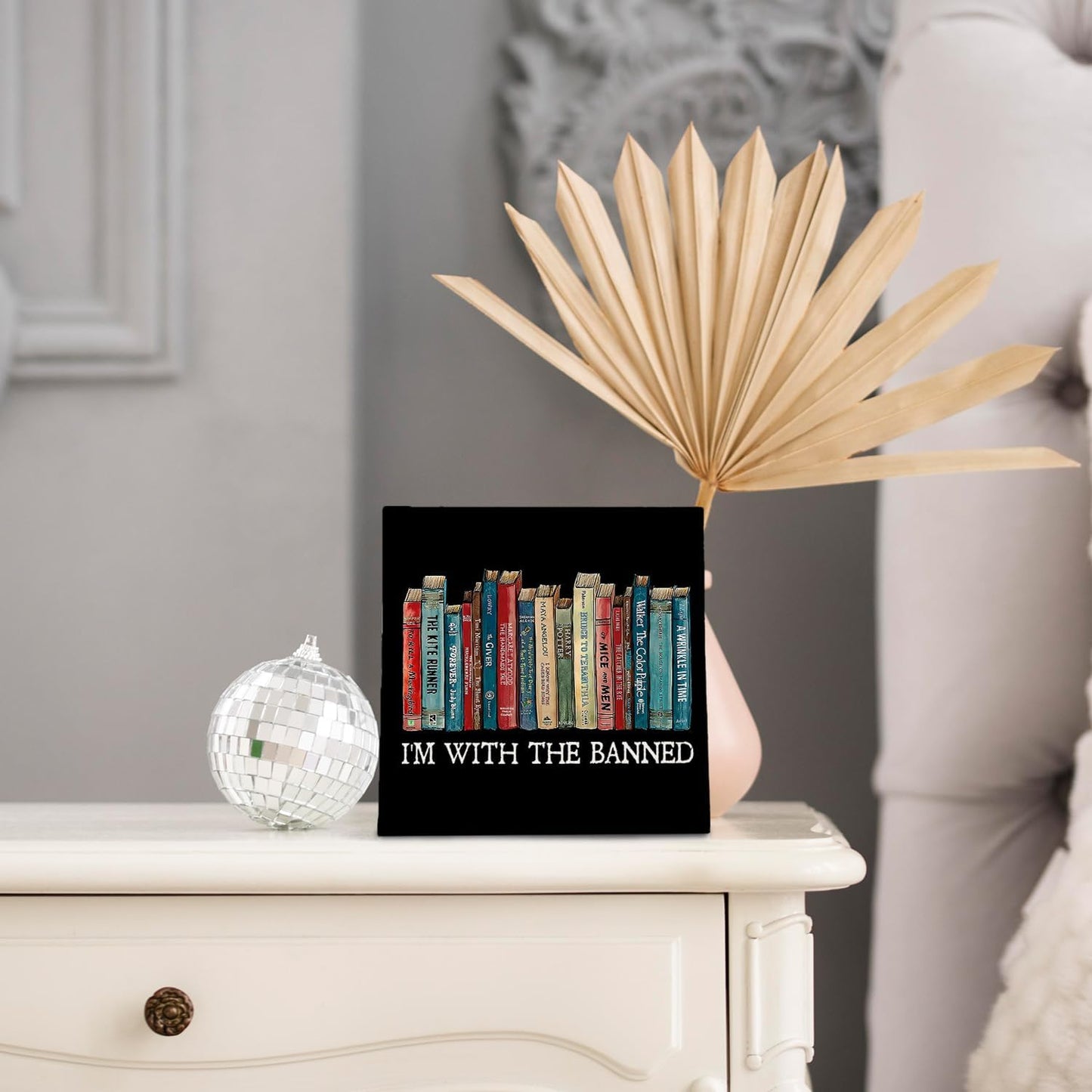 Book Lovers Gifts, Librarian Gifts, Bookshelf Reading Nook Decor, Reading Corner Decor, Library Decor, Book Lover Decor - I'm with the Banned Book Reading Wood Signs Plaque, 6.2x6.2 Inches
