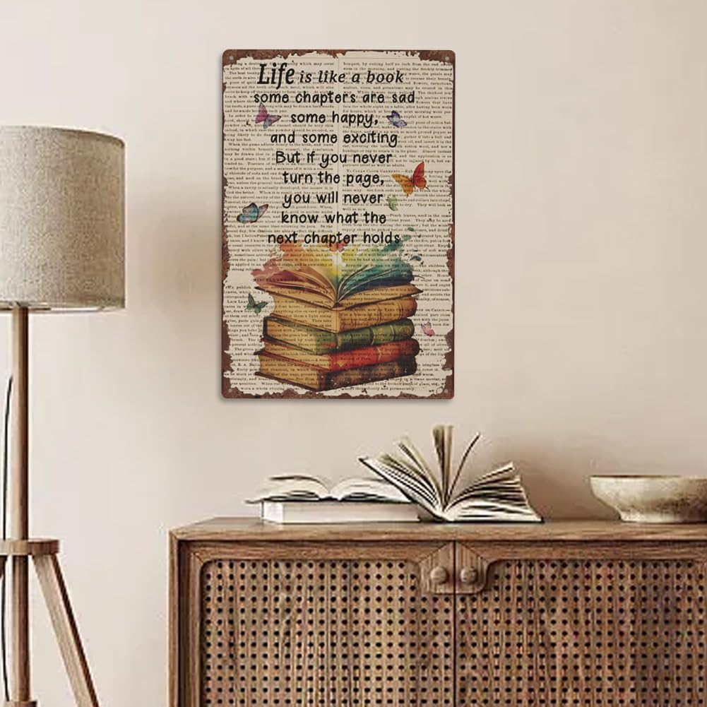 SUPERDANT Life is Like A Book Tin Signs Books Butterfly Metal Tin Sign Poster Motivational Text Vintage Art Decor for Classroom Library Cafe Coffee Bar Reading Room Plaque Home Bedroom Wall Decoration