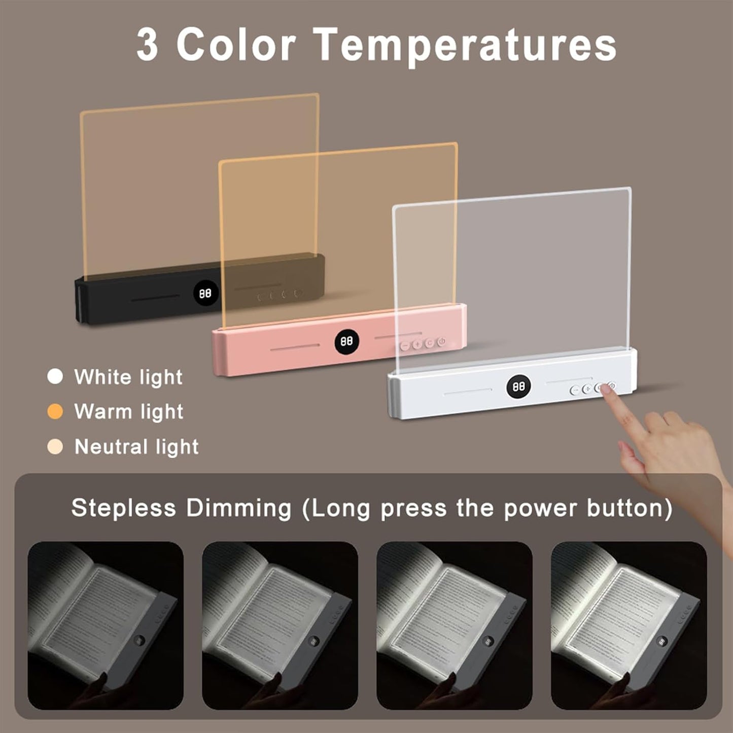 LED Clear Flat Book Light,Rechargeable Clear Flat Panel Reading Lamp with 3 Color Temperatures, Dimmable & Timer, Full Page Illumination for Bedtime Reading, USB-C Charging (Pink)