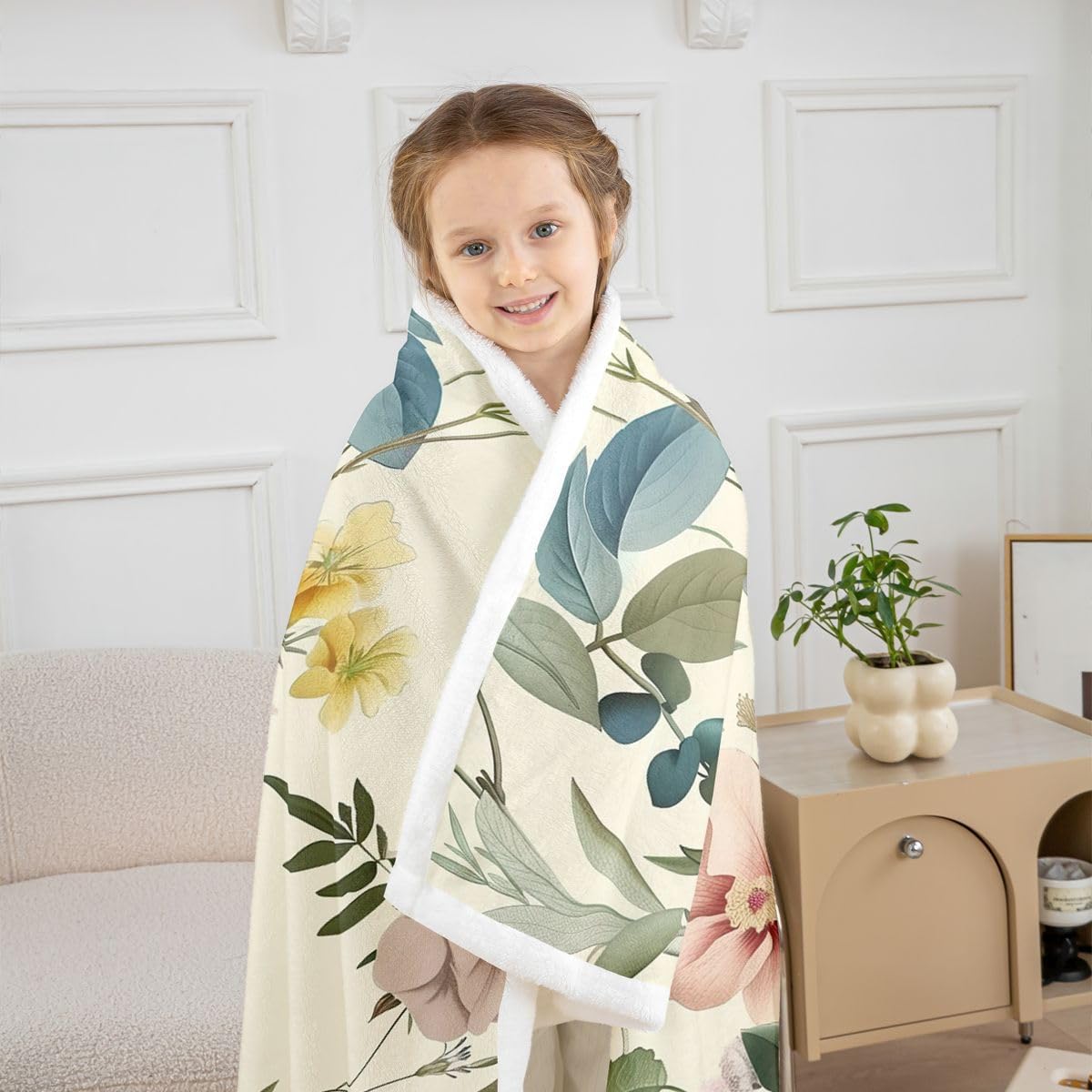 Feelyou Vintage Floral Sherpa Throw Blanket for Couch Boho Leaf Super Soft Cozy Fleece Garden Blanket for Winter, Plush Throw Throw 50"x60" All Season