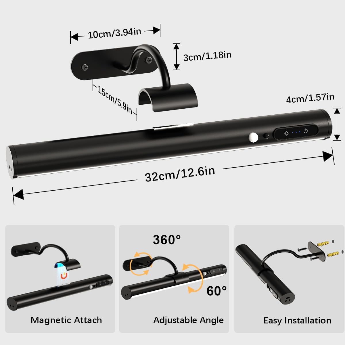 Hapfish Motion Sensor Battery Operated Wall Sconce, Wireless Picture Lights for Wall, Rechargeable Magnetic Art Lighting with Remote Control, Battery Picture Light for Poster Dartboard Mirror - Black