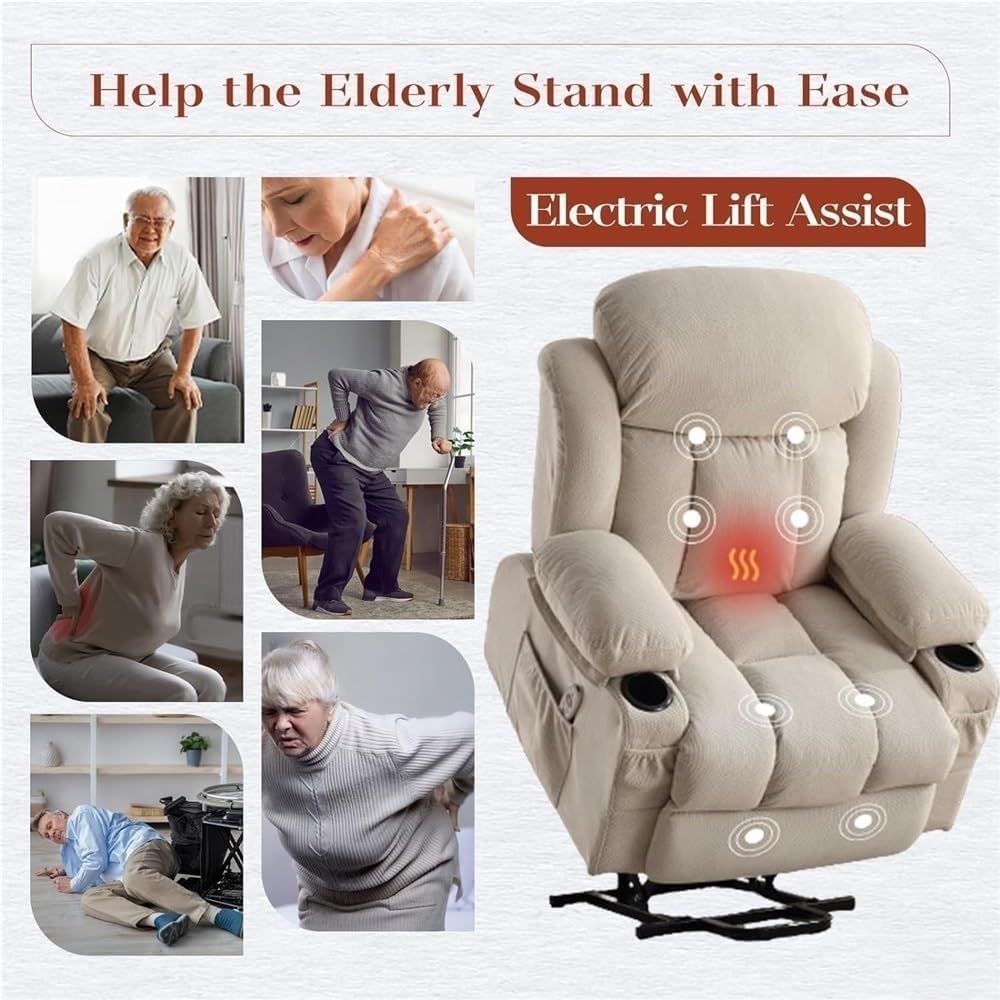 Electric Lift Recliner Chair for Elderly Sofa with Massage and Heat Comfortable Home Theater Seating Ergonomic Single Lounge Chairs for Living Room with Cup Holders and Side Pocket