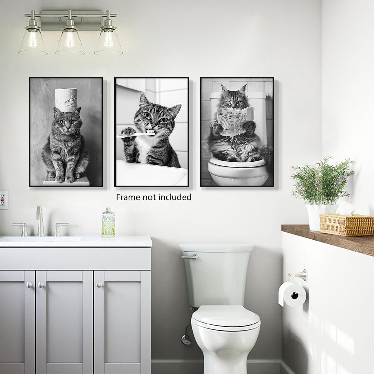 sdgobvco Cat Bathroom Canvas Wall Art, Set of 3 Black and White Funny Animal Bathroom Poster, Cute Cat Reading Newspaper on Toilet Brushing Teeth Pictures Wall Decor for Guest Room 8x12in Unframed
