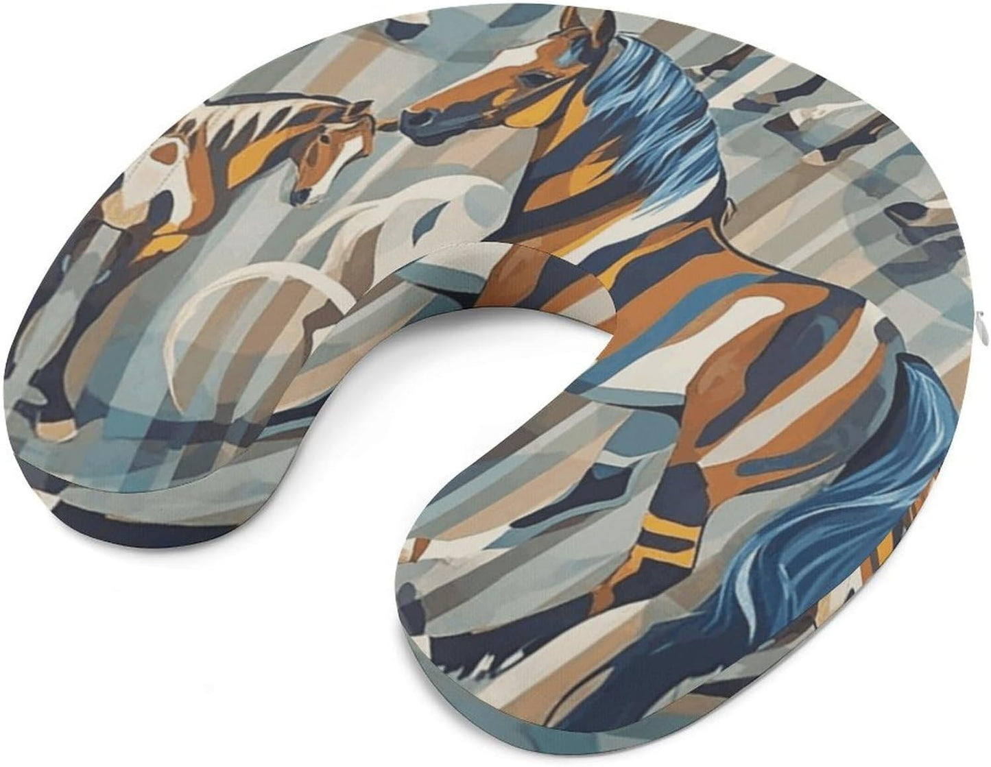 Horse Stripes Pattern Neck Pillow Memory Foam U Shaped Pillows Portable Pillows for Shoulder Travel Head Support Pillow with Concealed Zipper for Airplane Car Home Office